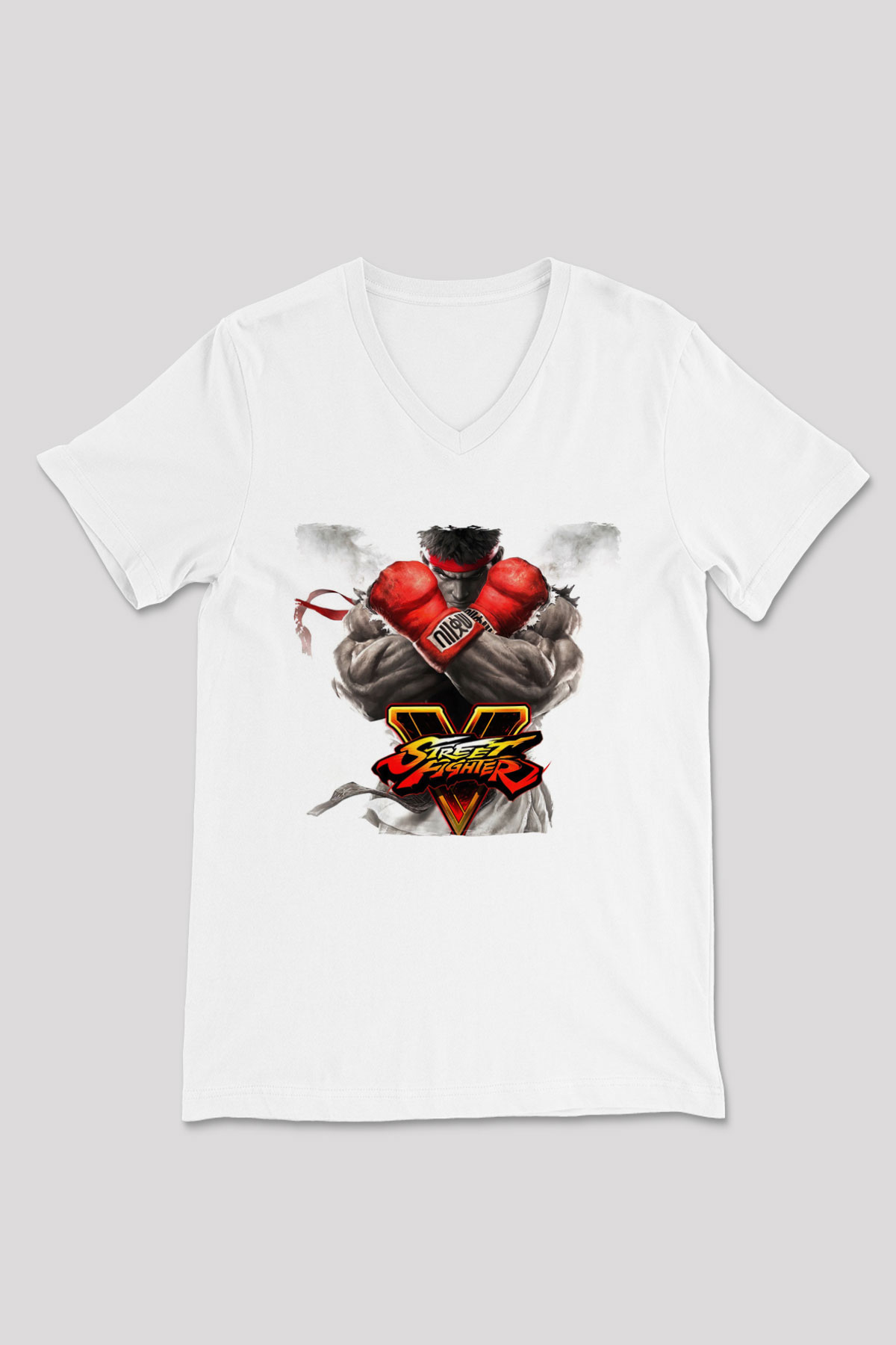 Street Fighter Beyaz Unisex V Yaka Tişört