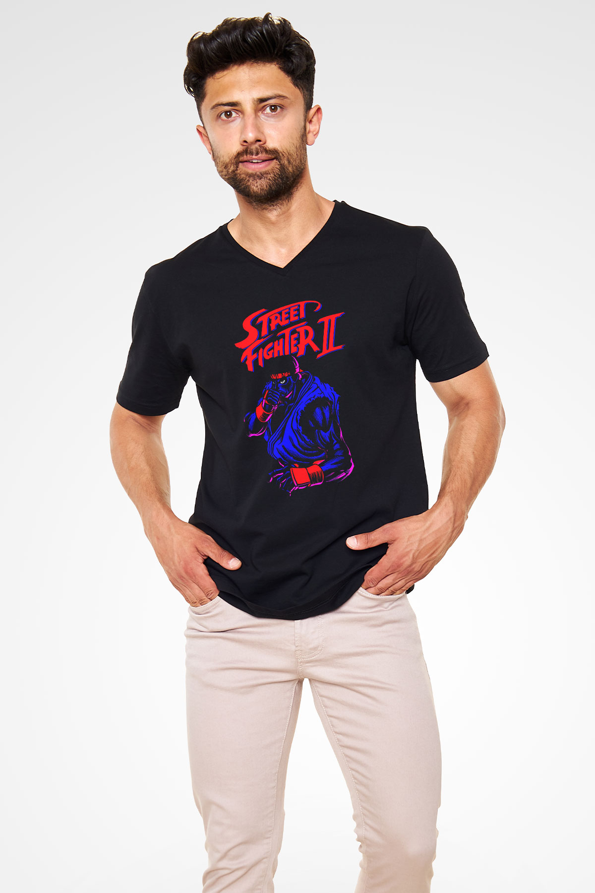 Street Fighter Siyah Unisex  V Yaka Tişört