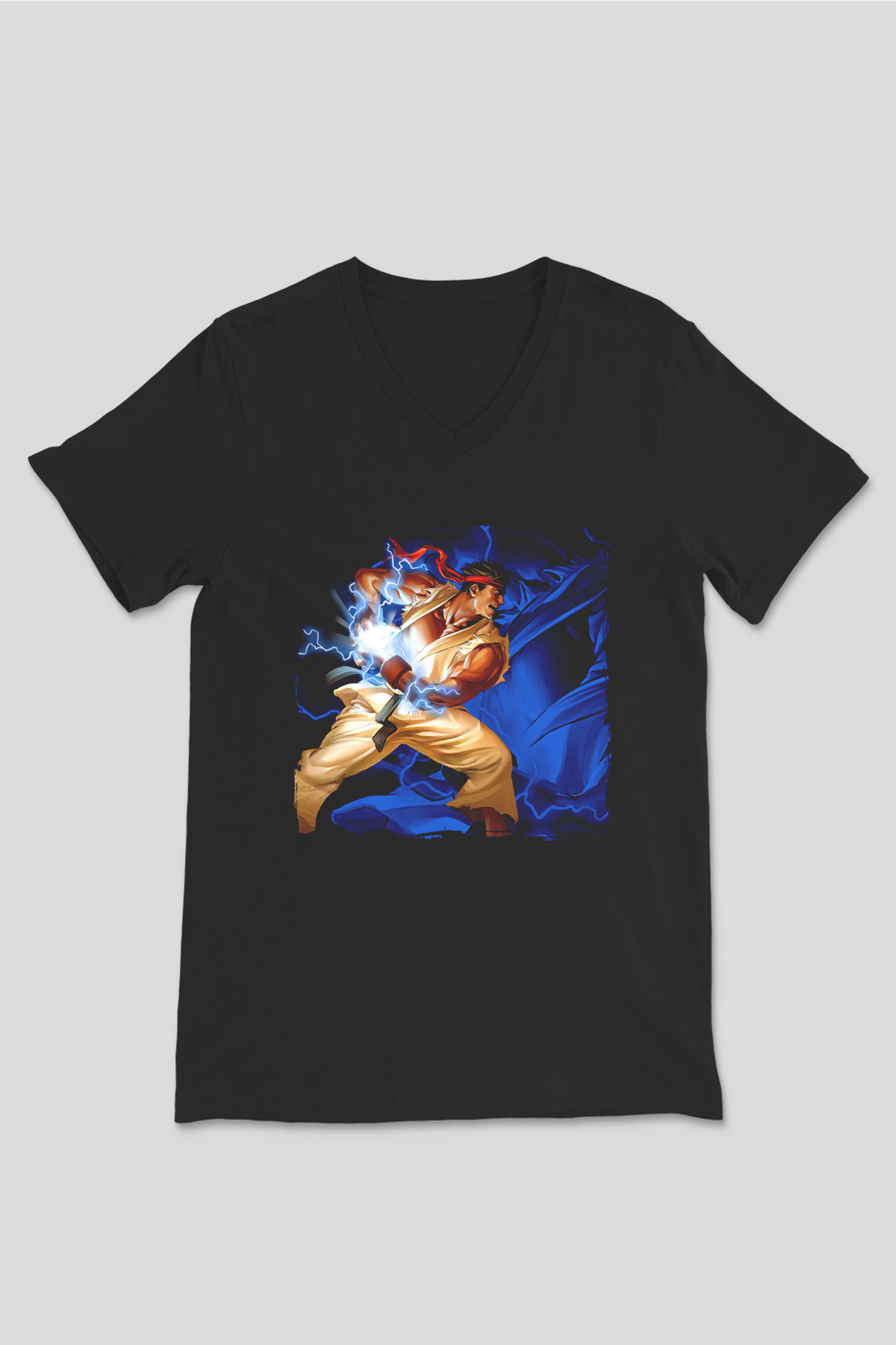 Street Fighter Siyah Unisex V Yaka Tişört