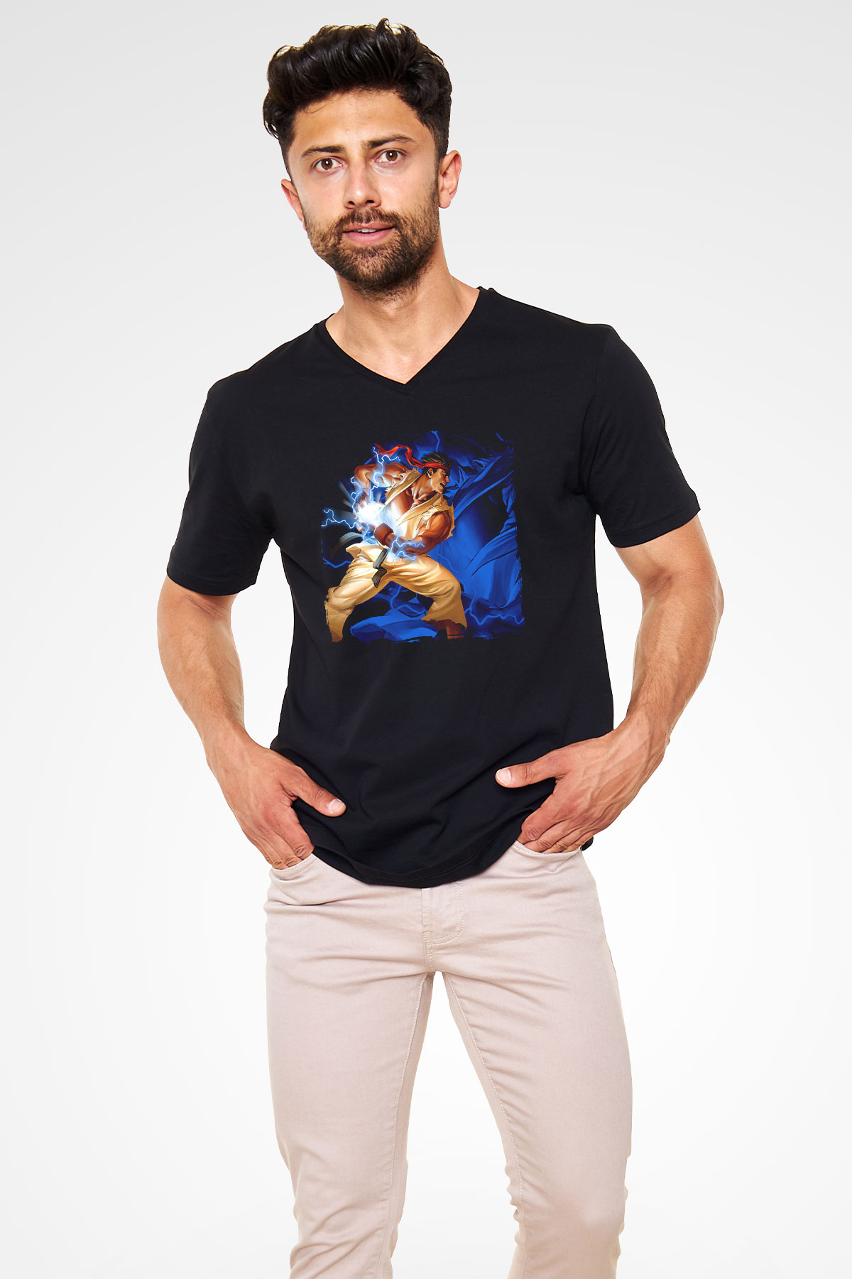 Street Fighter Siyah Unisex V Yaka Tişört