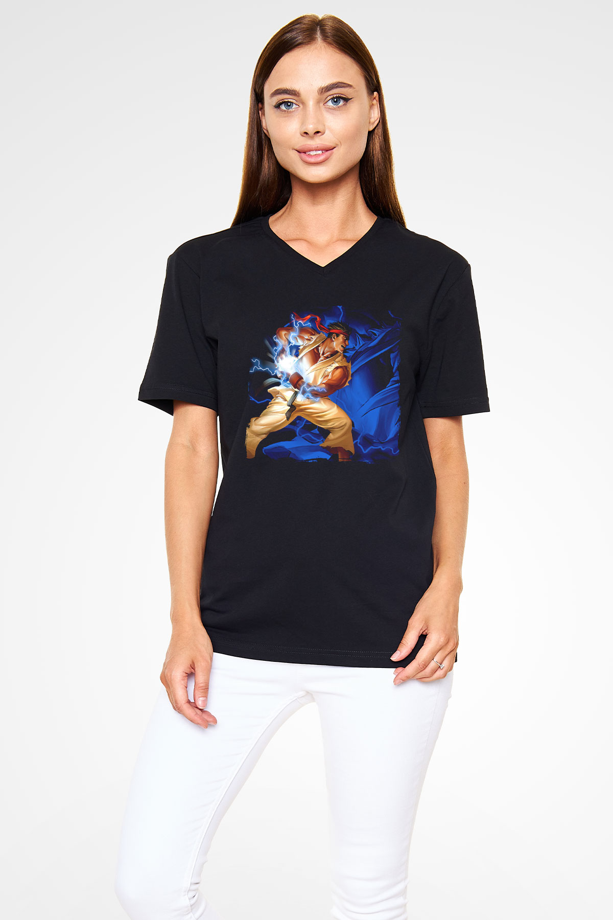 Street Fighter Siyah Unisex V Yaka Tişört