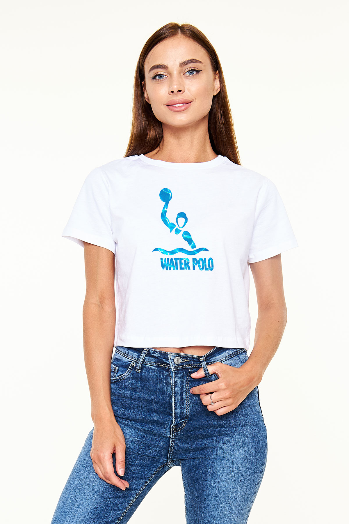 Su Topu Baskılı Crop Top Beyaz Tişört - T-shirt