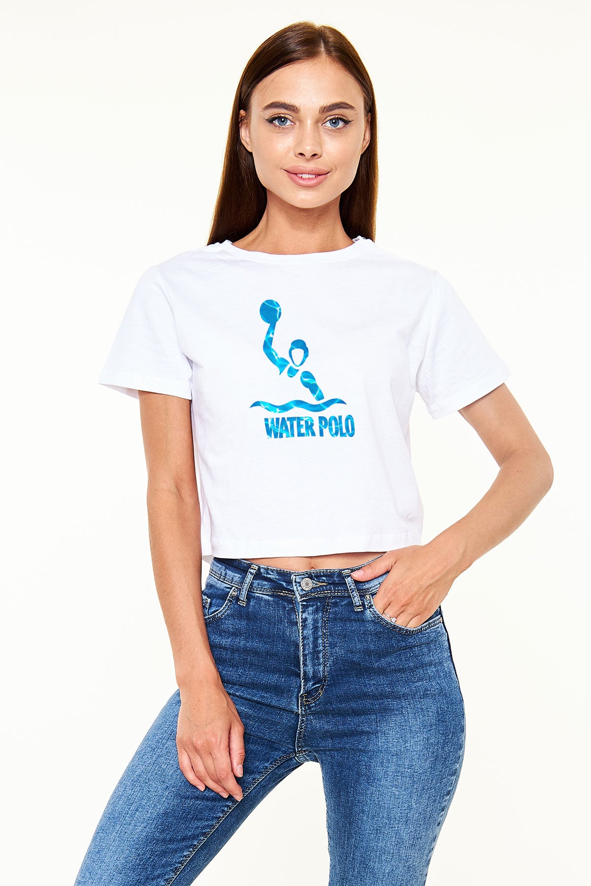 Su Topu Baskılı Crop Top Beyaz Tişört - T-shirt