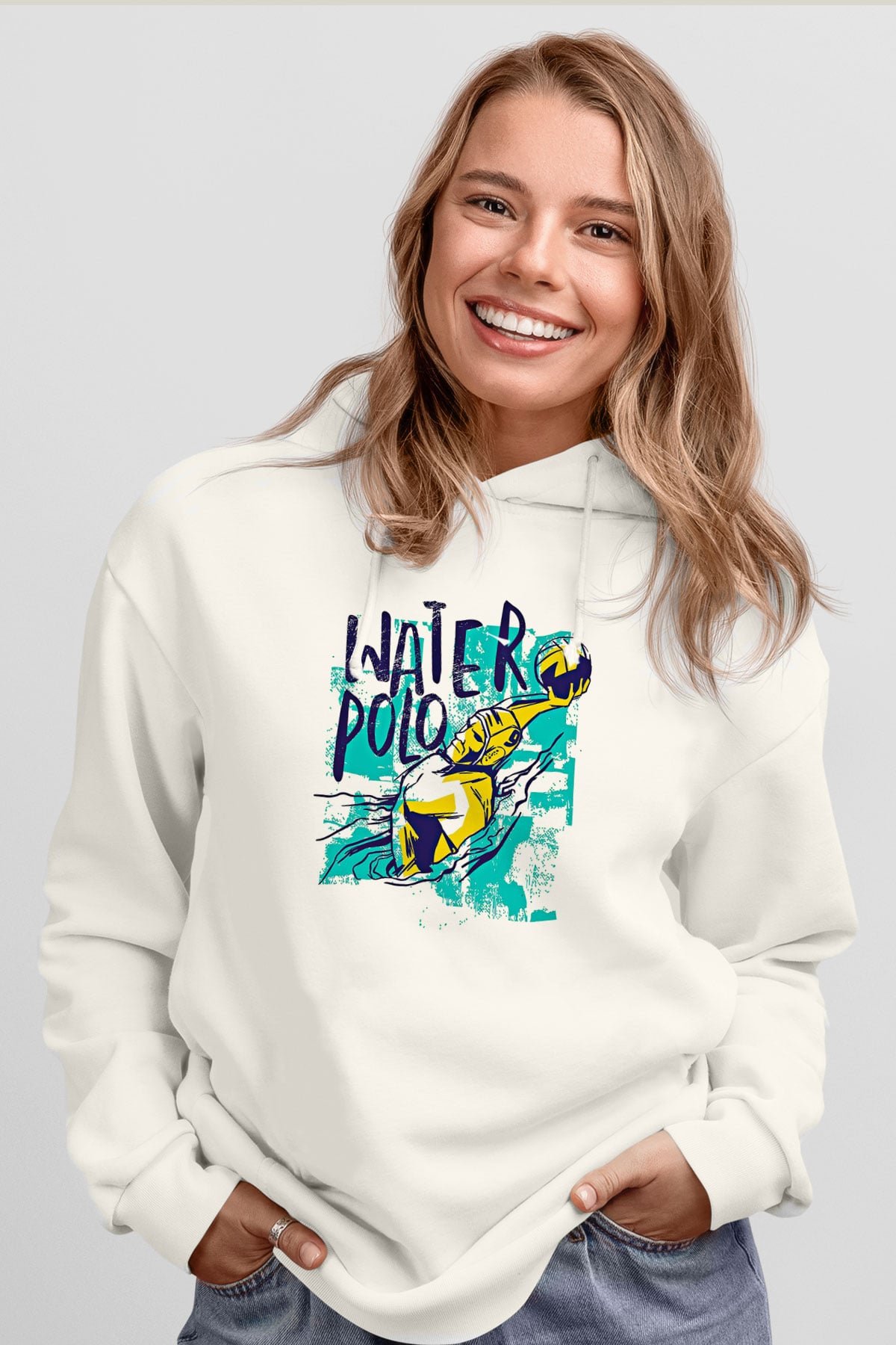 Su Topu Baskılı Unisex Ekru Hoodie