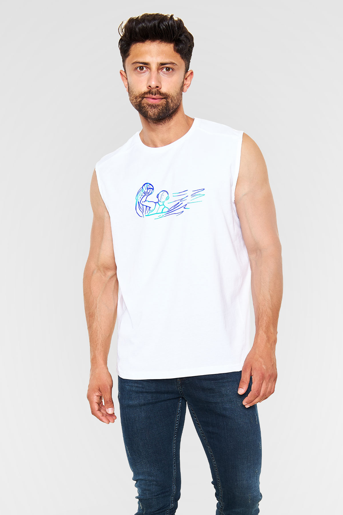 Su Topu Baskılı Unisex Kolsuz Beyaz Tişört