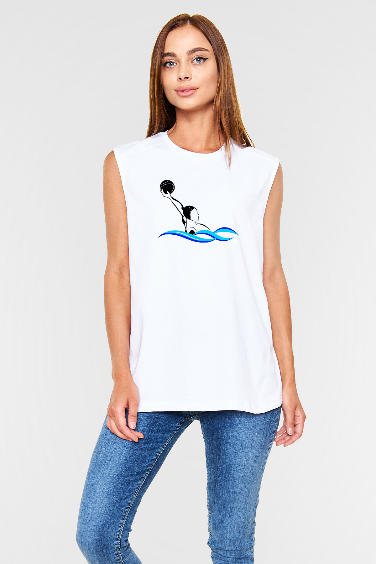 Su Topu Baskılı Unisex Kolsuz Beyaz Tişört