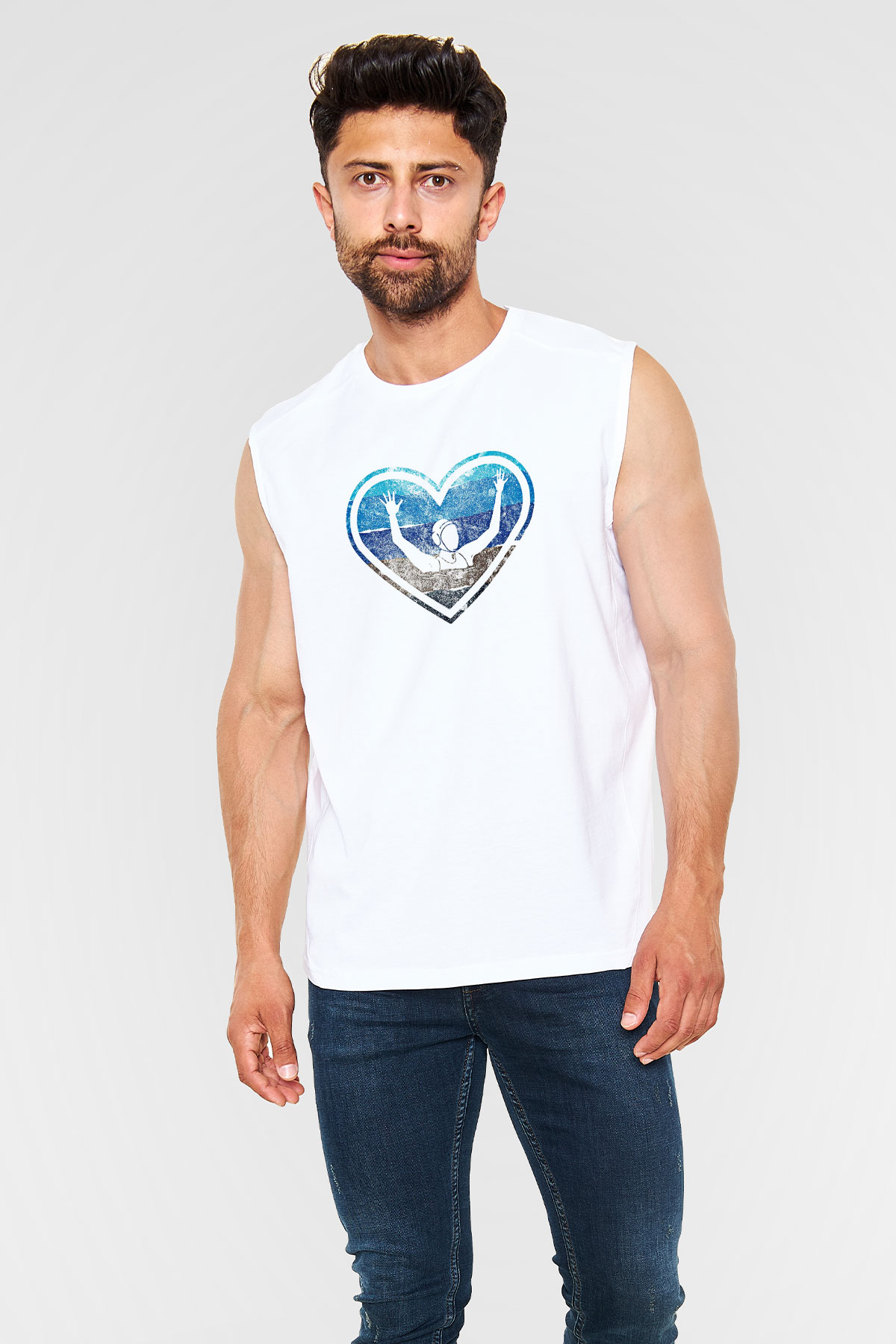 Su Topu Baskılı Unisex Kolsuz Beyaz Tişört