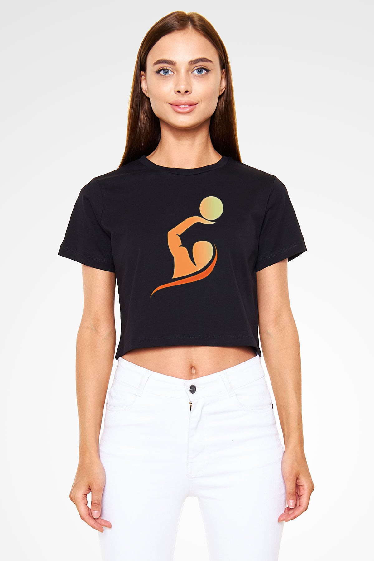 Su Topu - Water Polo Baskılı Crop Top Siyah Kadın Tişört - Tshirt