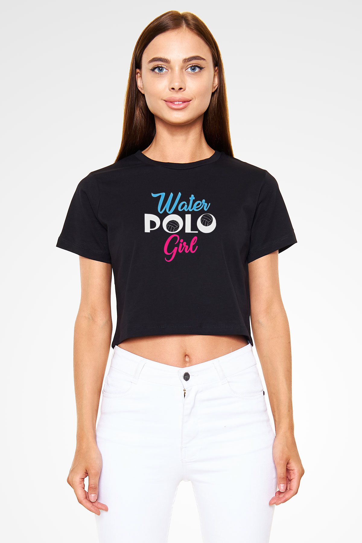 Su Topu - Water Polo Baskılı Crop Top Siyah Kadın Tişört - Tshirt