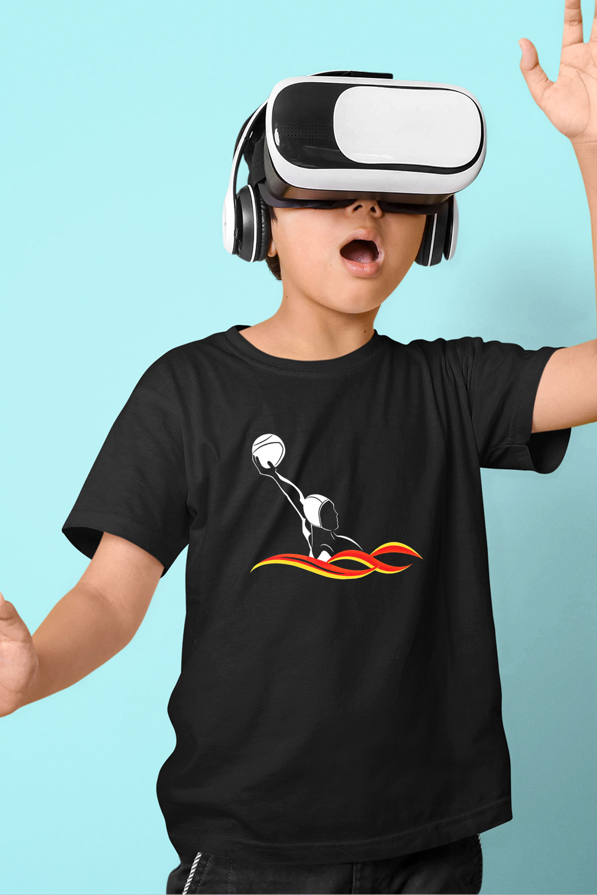 Su Topu - Water Polo Baskılı Unisex Siyah Çocuk Tİşörtü - Tshirt
