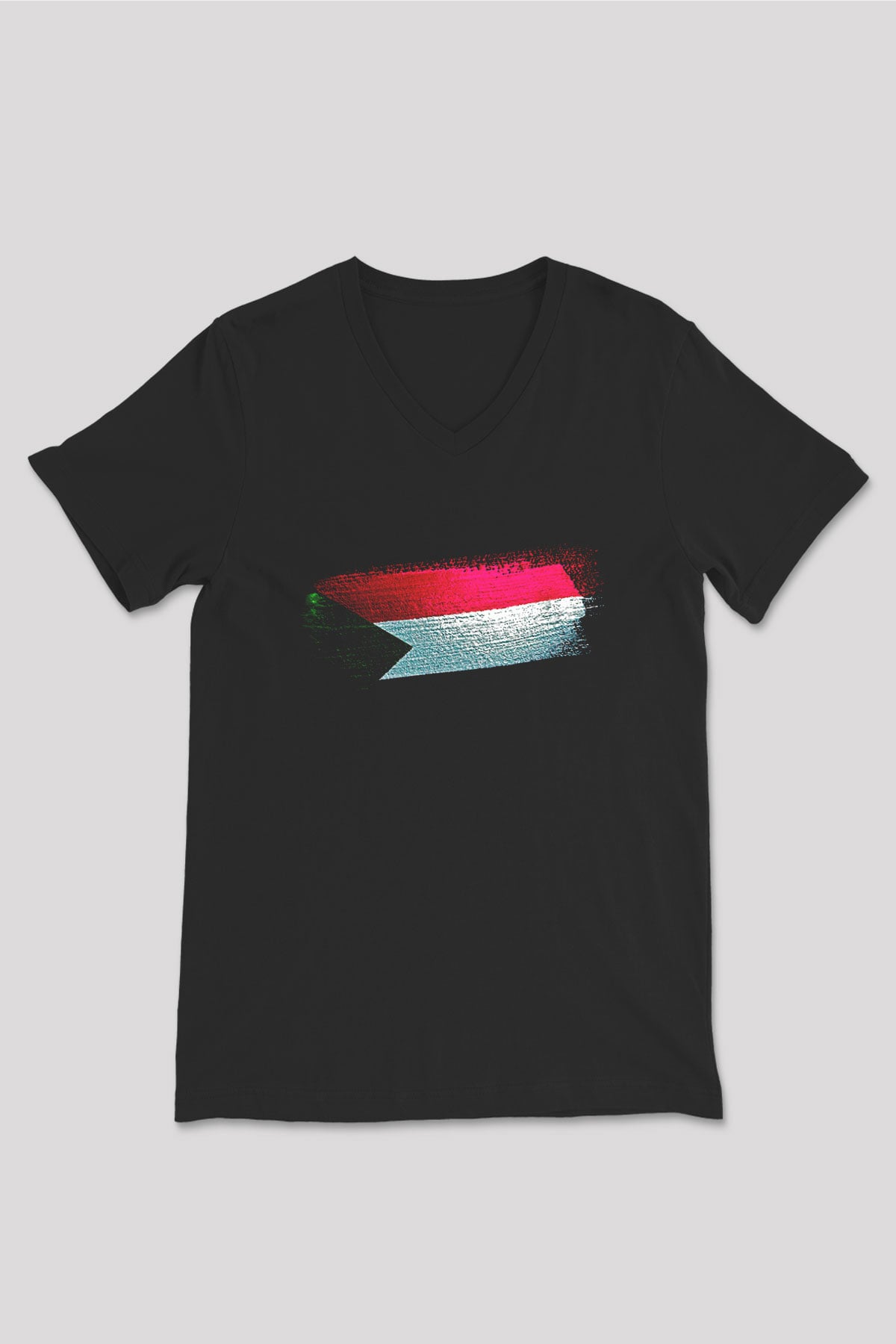 Sudan Bayrağı Baskılı Unisex Siyah V Yaka Tişört