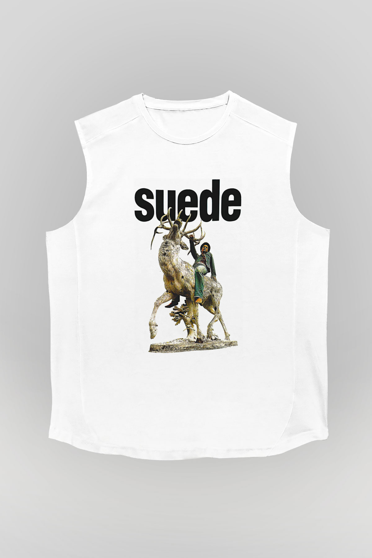 Suede Baskılı Beyaz Unisex Kolsuz Tişört - Tshirt