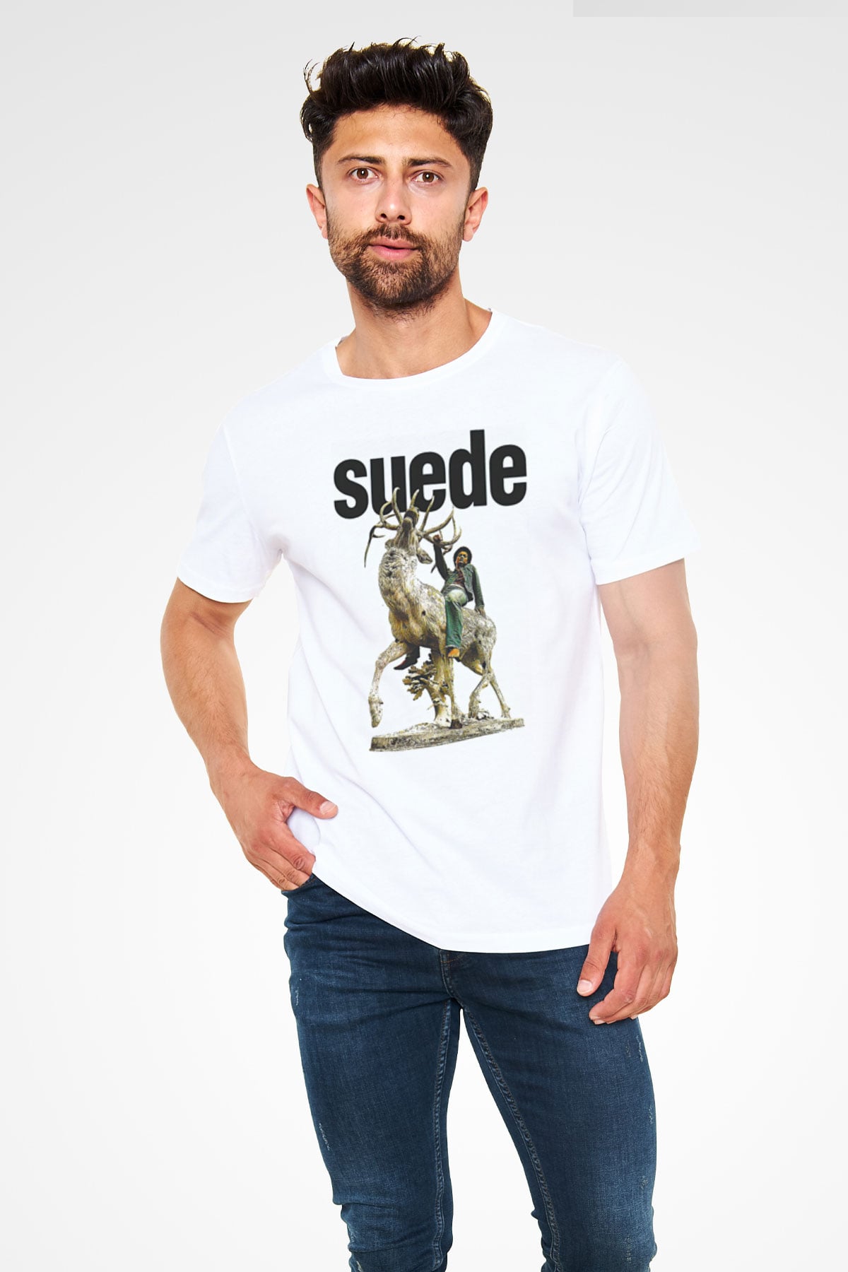 Suede Baskılı Unisex Beyaz Tişört - Tshirt
