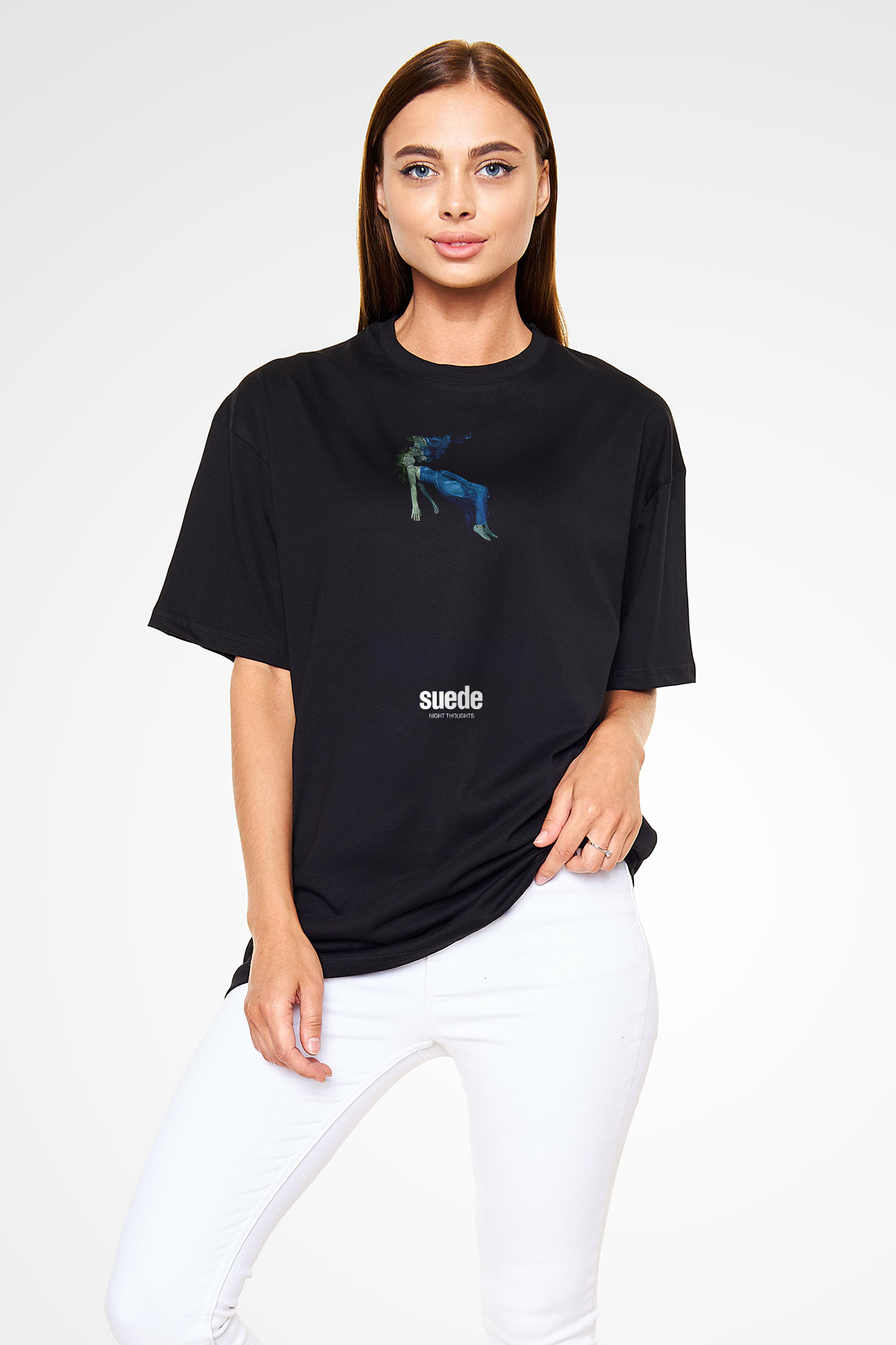 Suede Baskılı Unisex Siyah Oversize Tişört - Tshirt