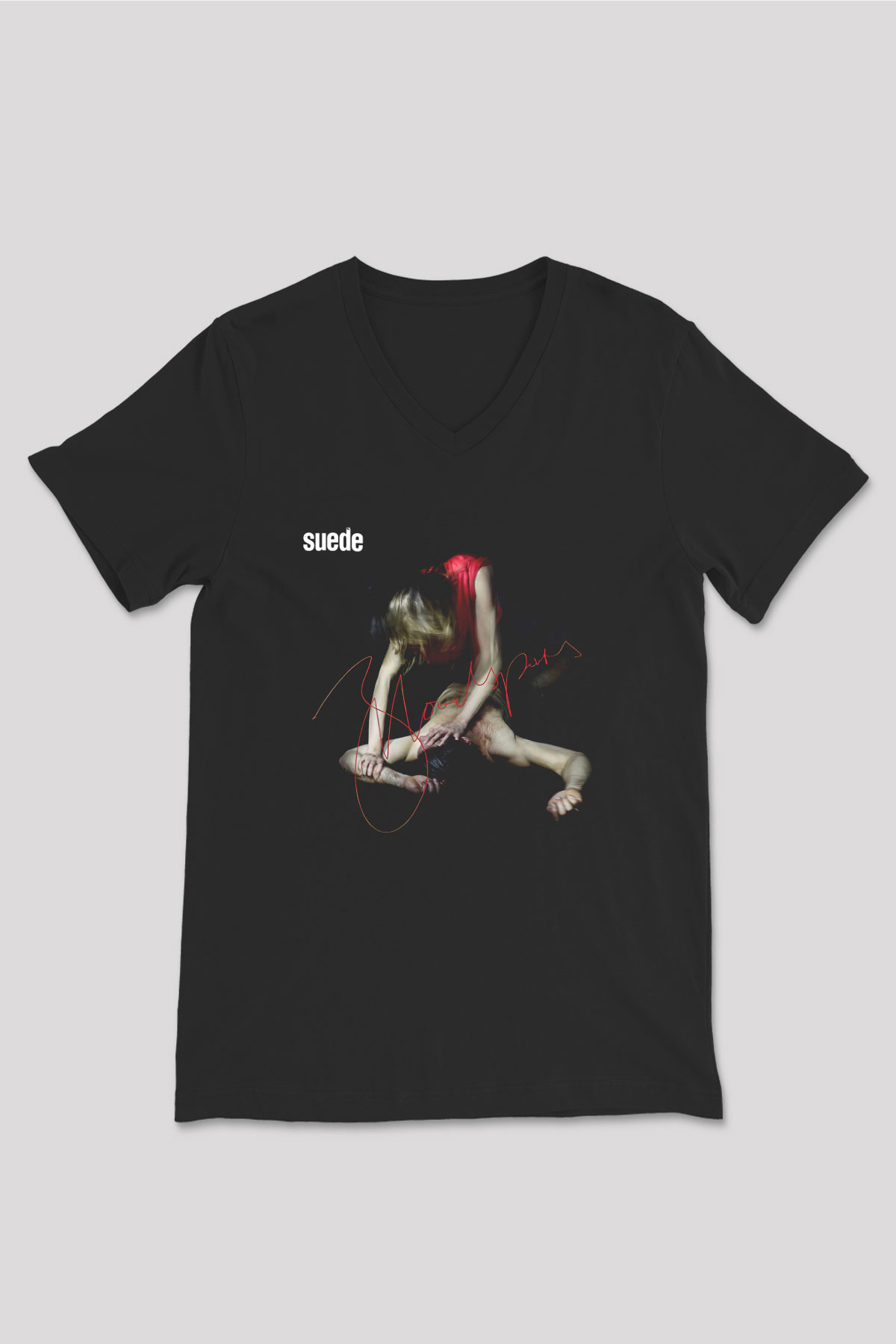 Suede Baskılı Unisex Siyah V Yaka Tişört - Tshirt