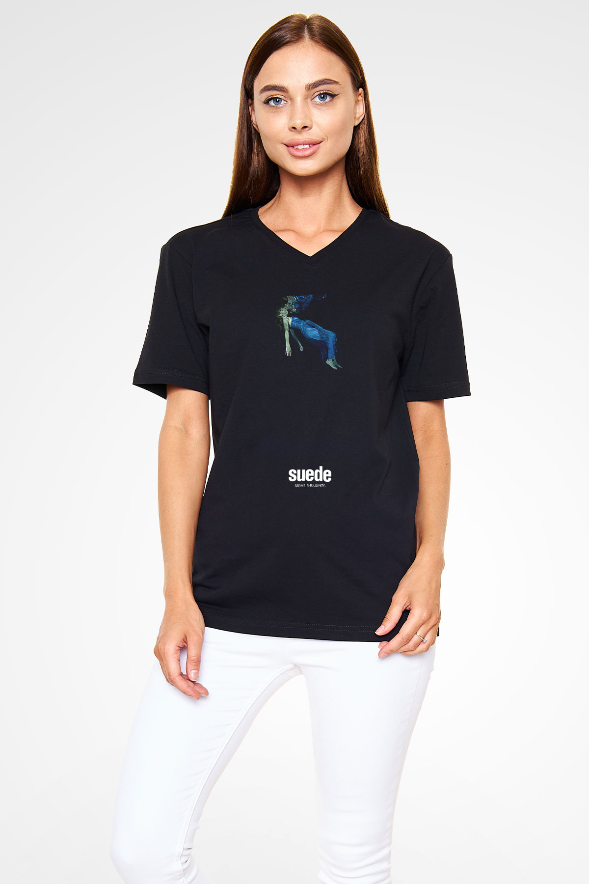 Suede Baskılı Unisex Siyah V Yaka Tişört - Tshirt