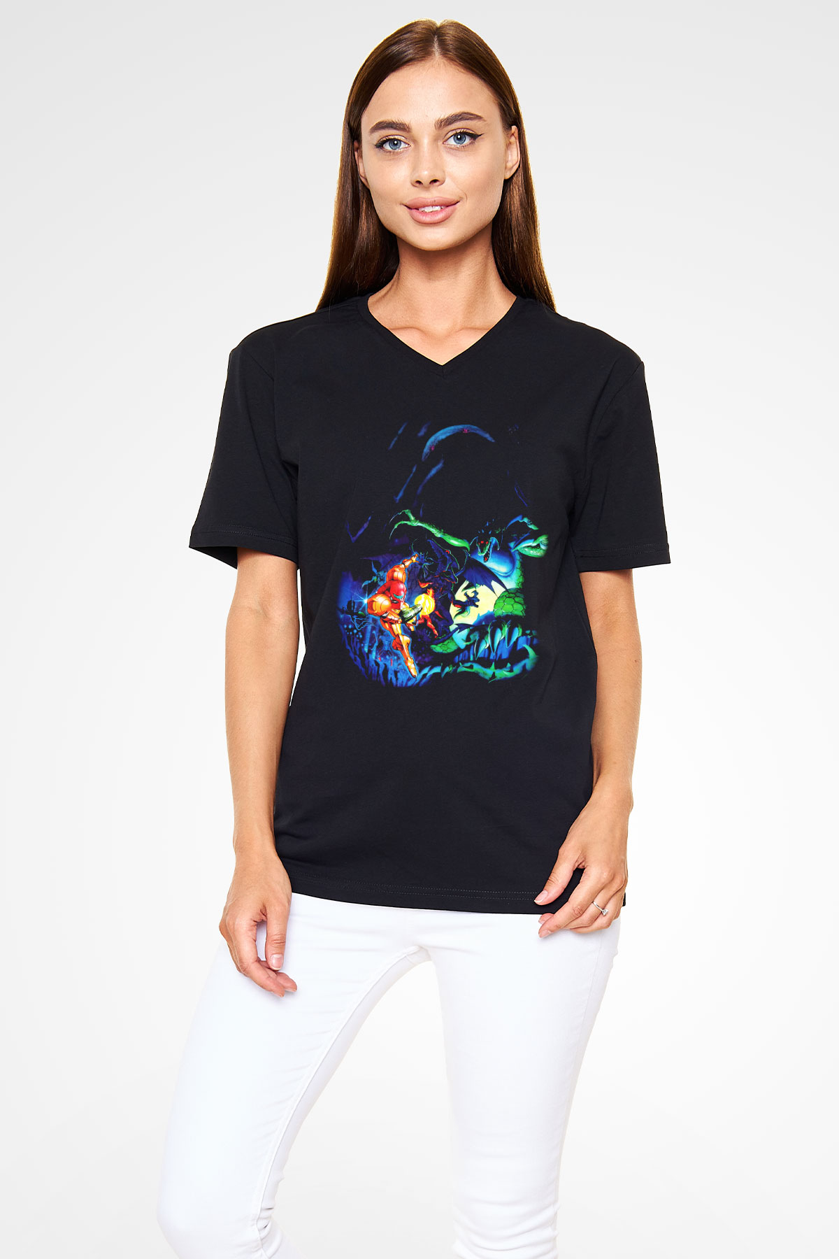Super Metroid Cartridge Art Siyah Unisex V Yaka Tişört