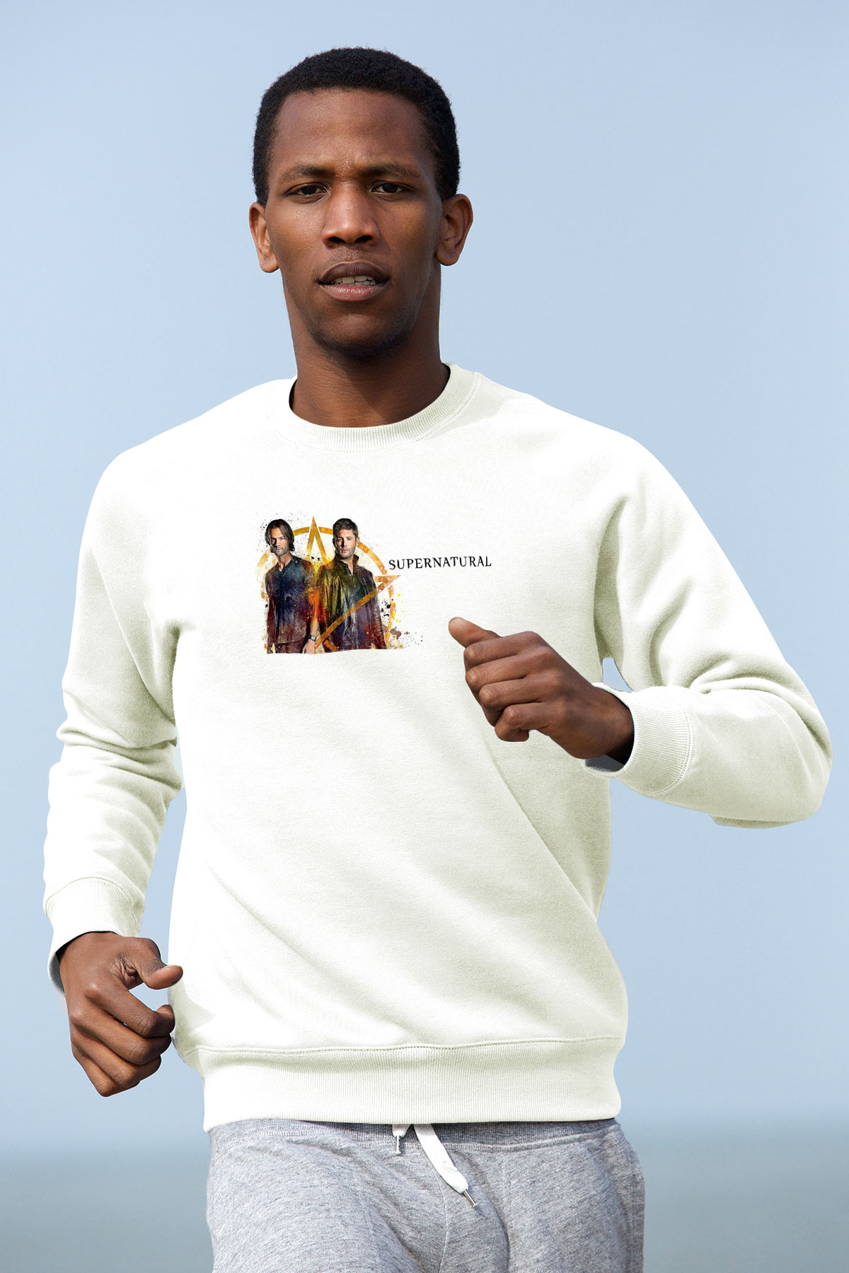 Supernatural Baskılı Beyaz Unisex Sweatshirt