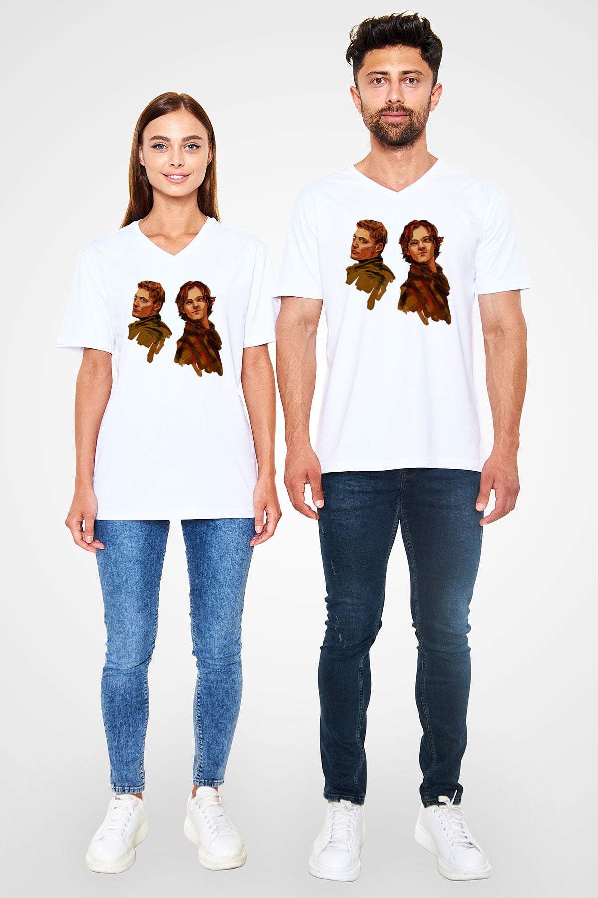 Supernatural Baskılı Beyaz Unisex V Yaka Tişört - Tshirt