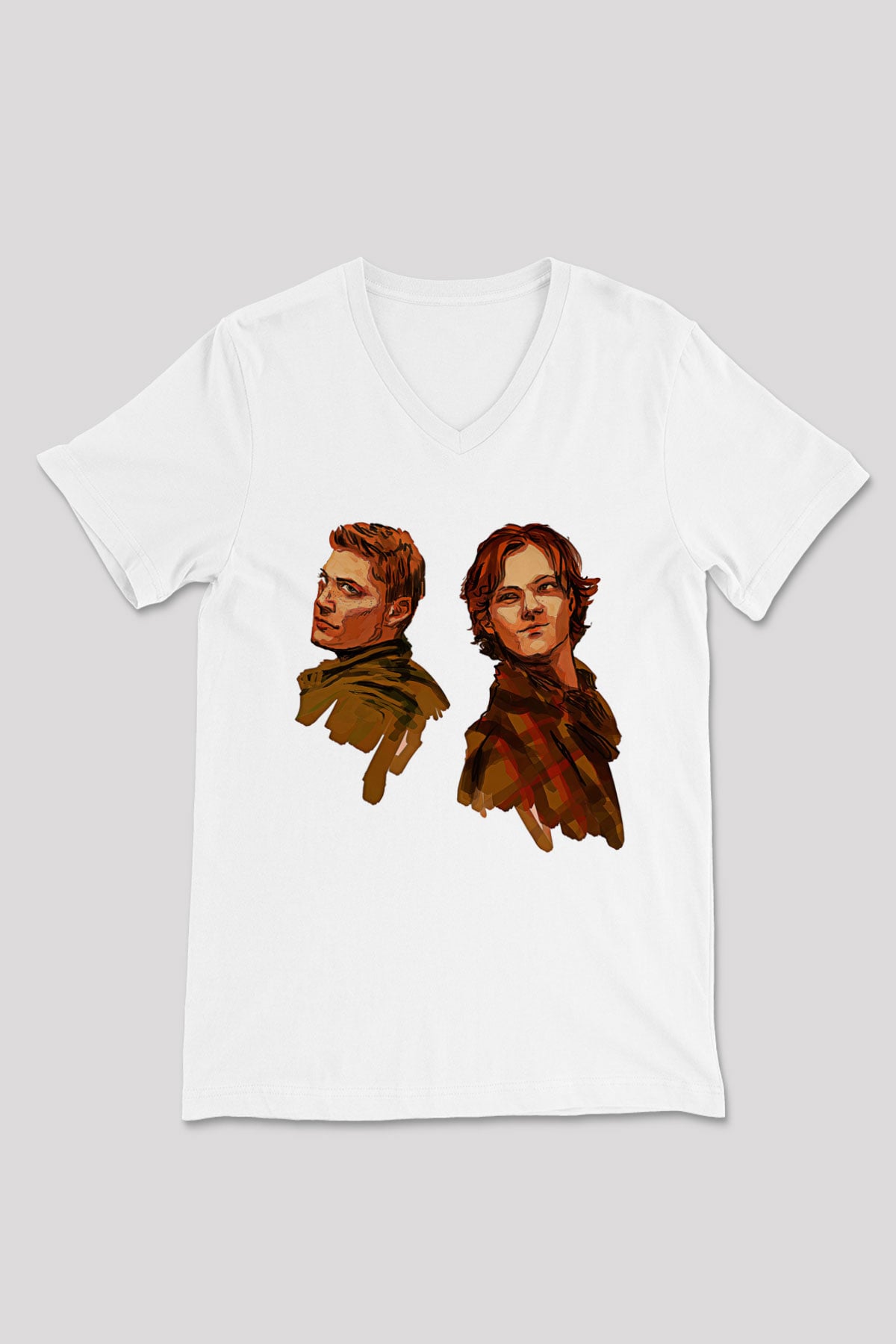 Supernatural Baskılı Beyaz Unisex V Yaka Tişört - Tshirt