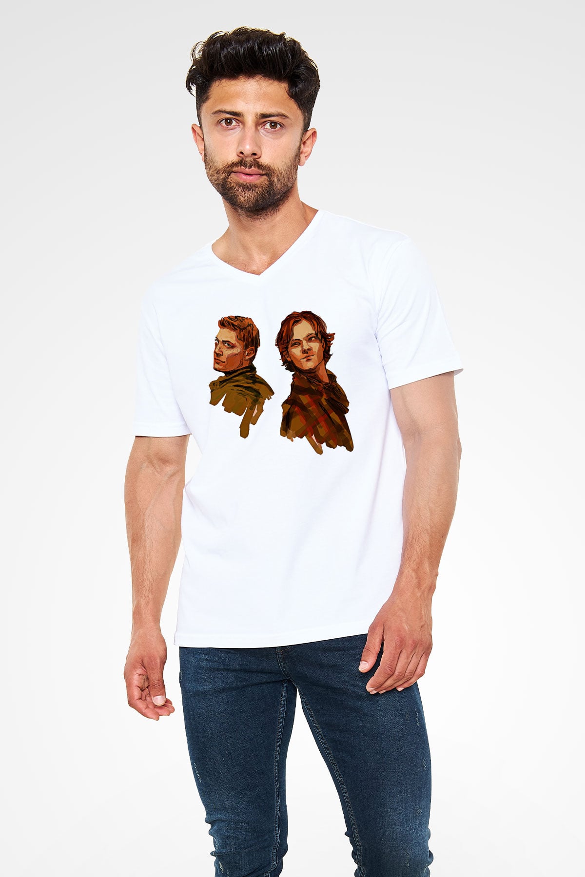 Supernatural Baskılı Beyaz Unisex V Yaka Tişört - Tshirt