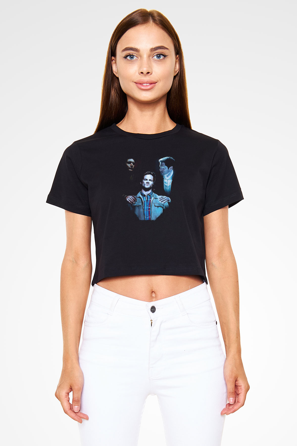 Supernatural Baskılı Siyah Crop Top Kadın Tişört - Tshirt