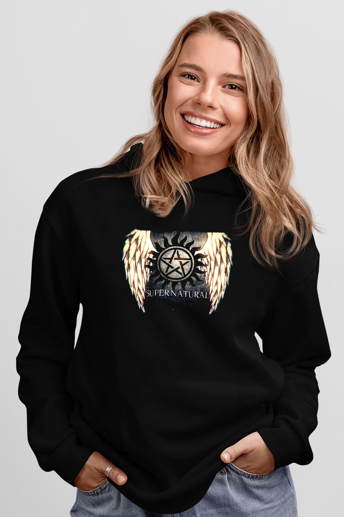 Supernatural Baskılı Unisex Siyah Hoodie