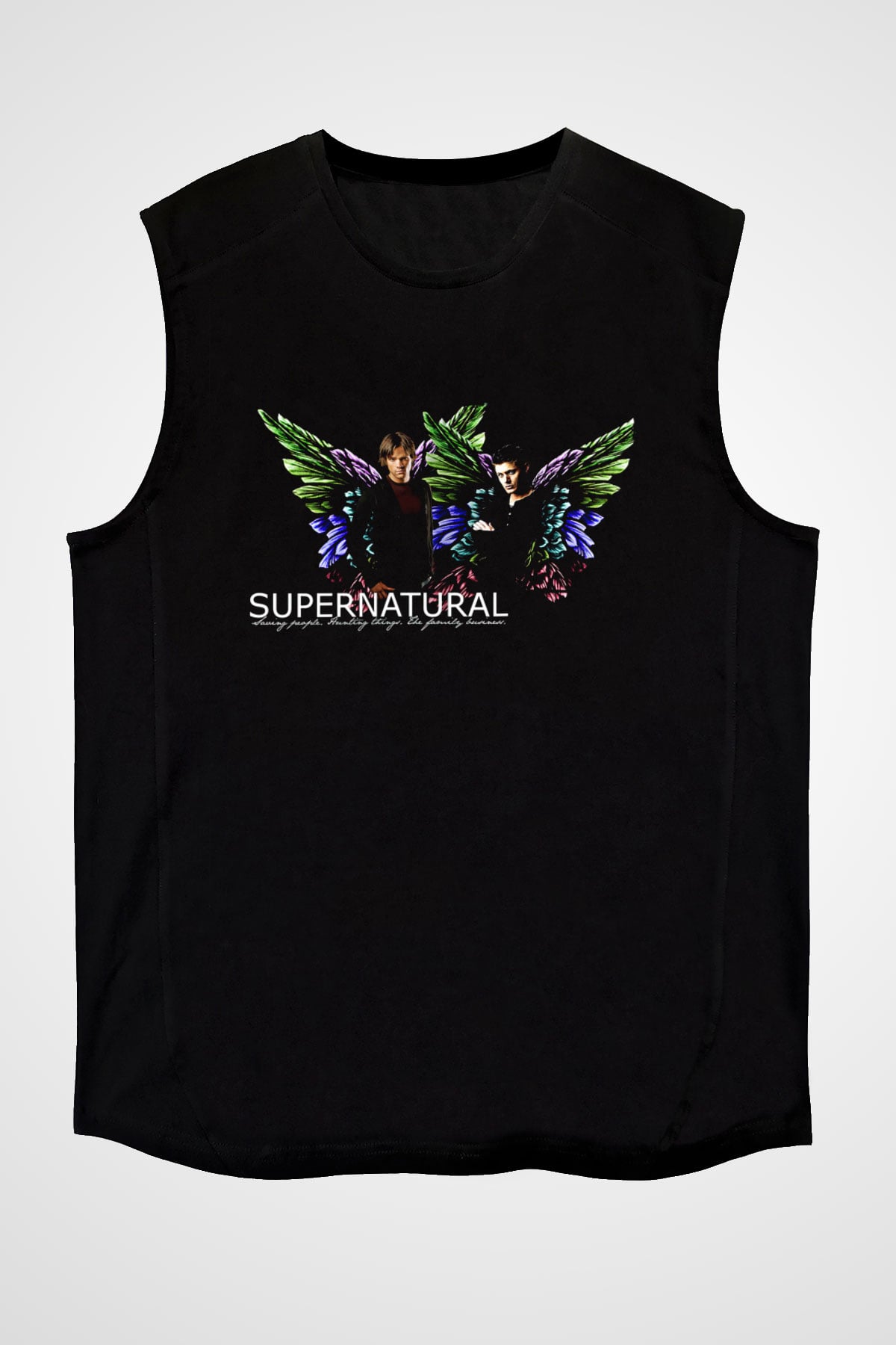 Supernatural Baskılı Unisex Siyah Kolsuz Tişört - Tshirt