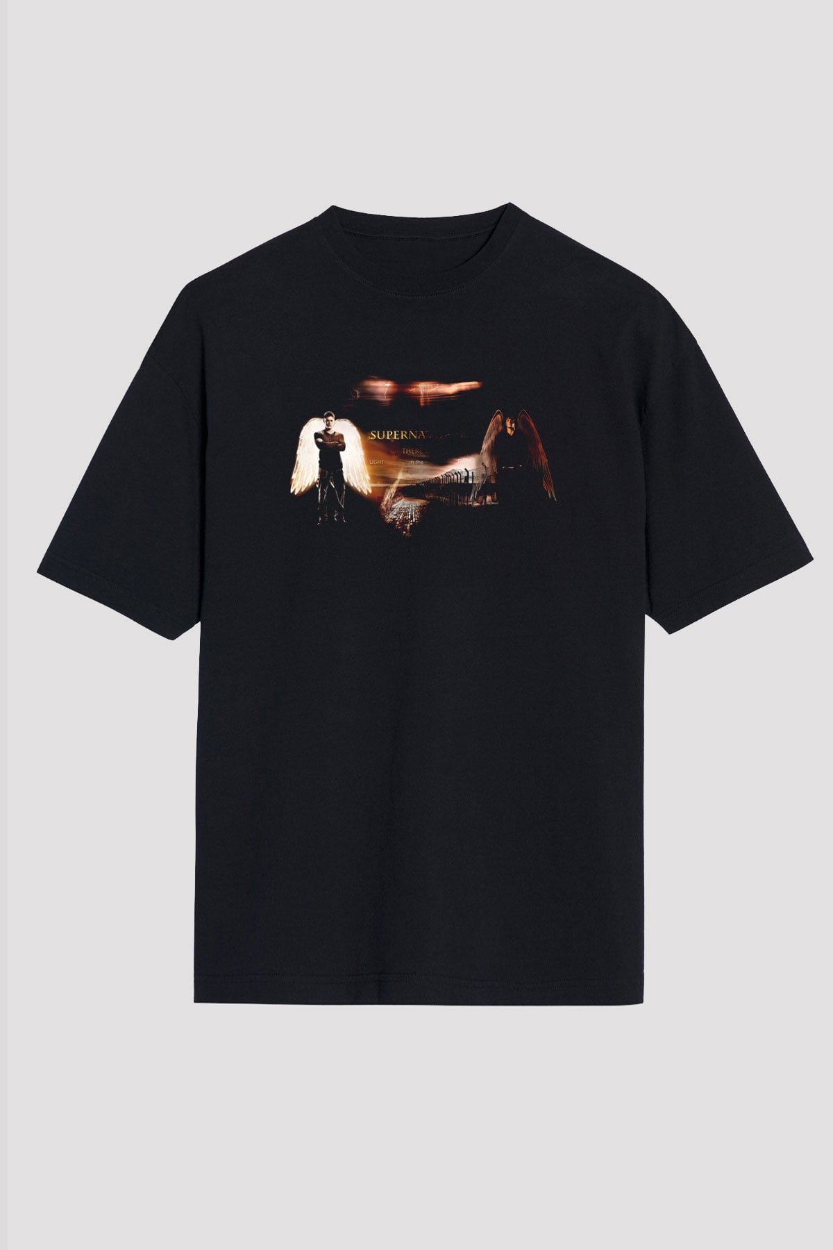 Supernatural Baskılı Unisex Siyah Oversize Tişört - Tshirt