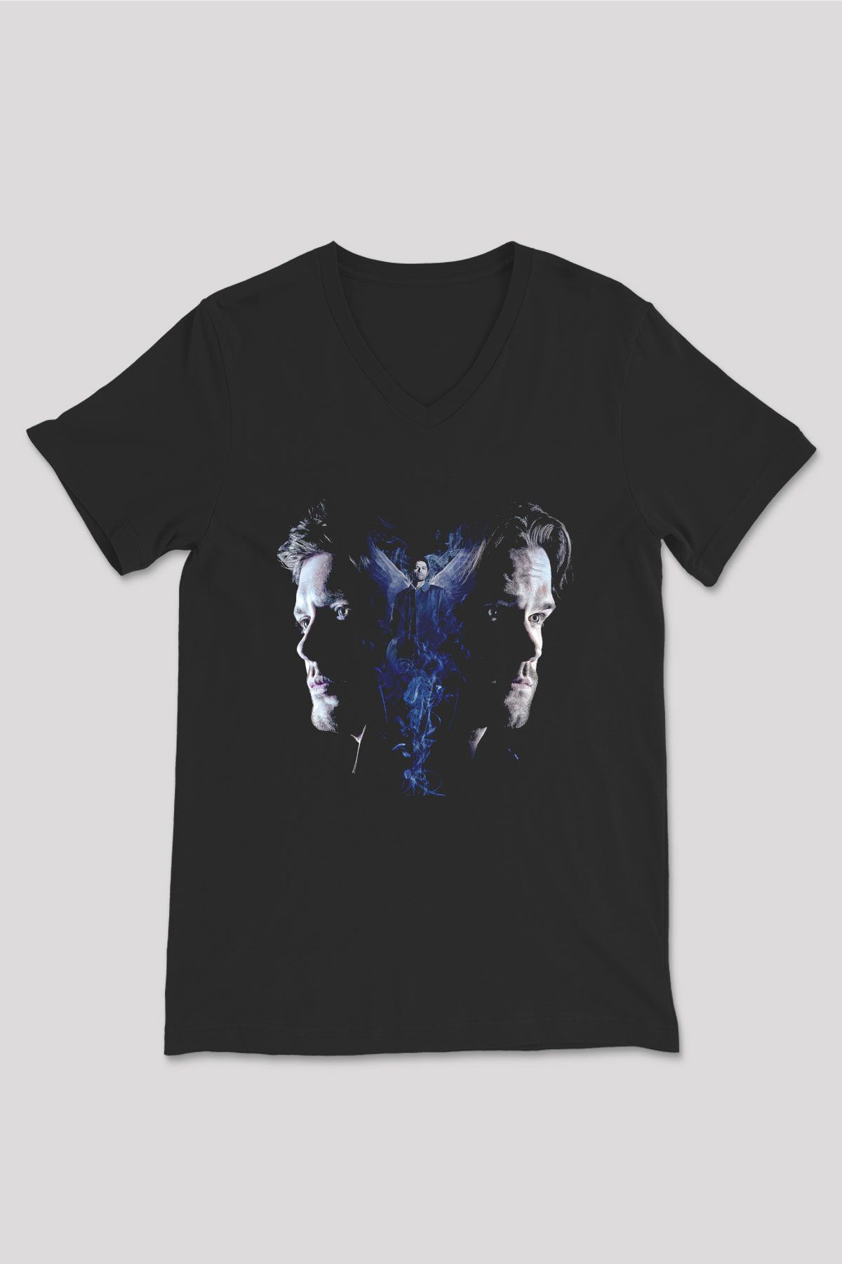 Supernatural Baskılı Unisex Siyah V Yaka Tişört - Tshirt
