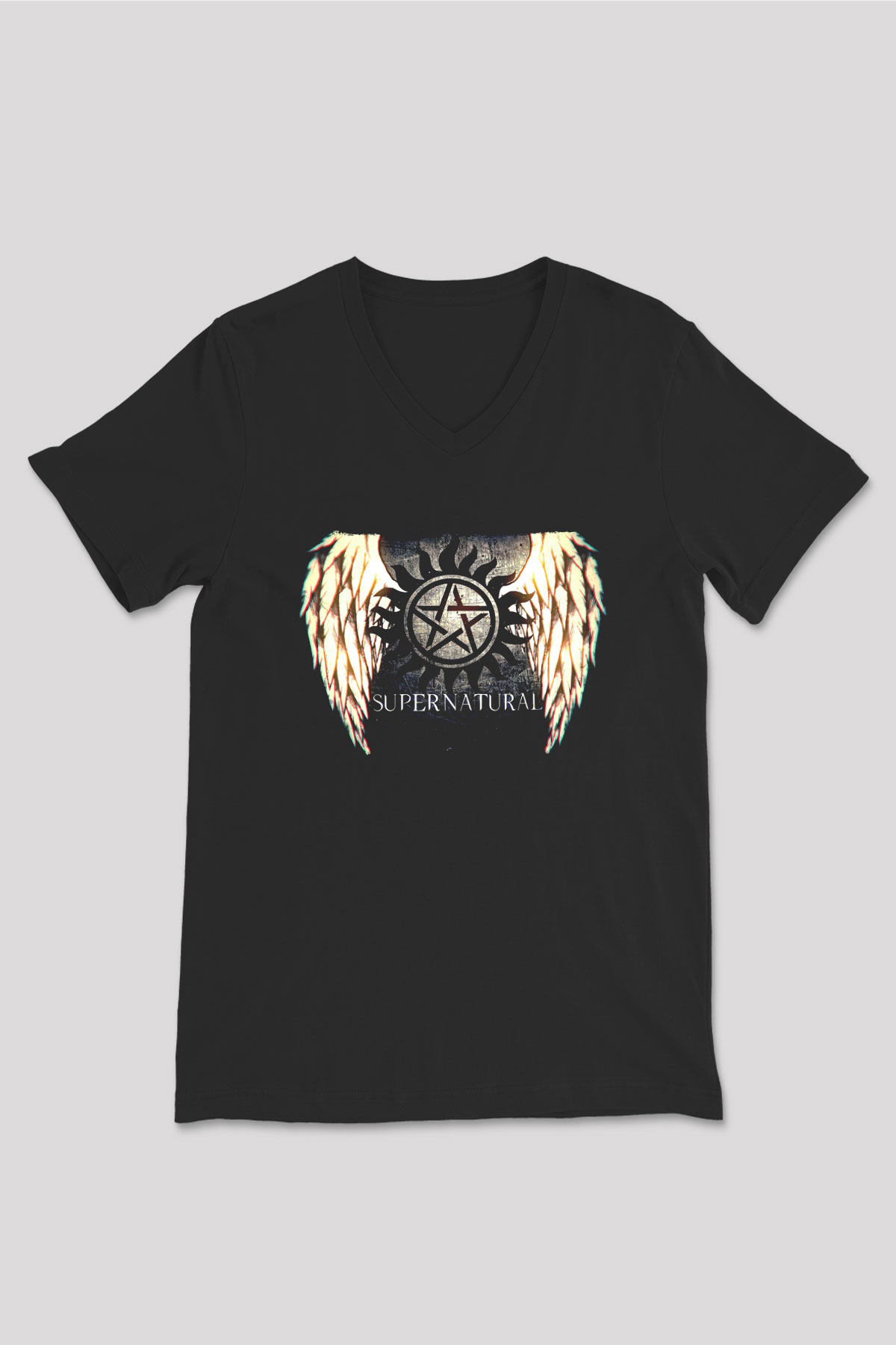 Supernatural Baskılı Unisex Siyah V Yaka Tişört - Tshirt