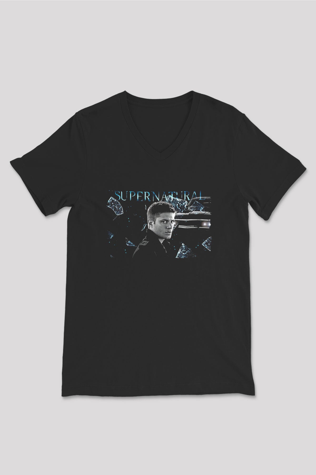 Supernatural Baskılı Unisex Siyah V Yaka Tişört - Tshirt