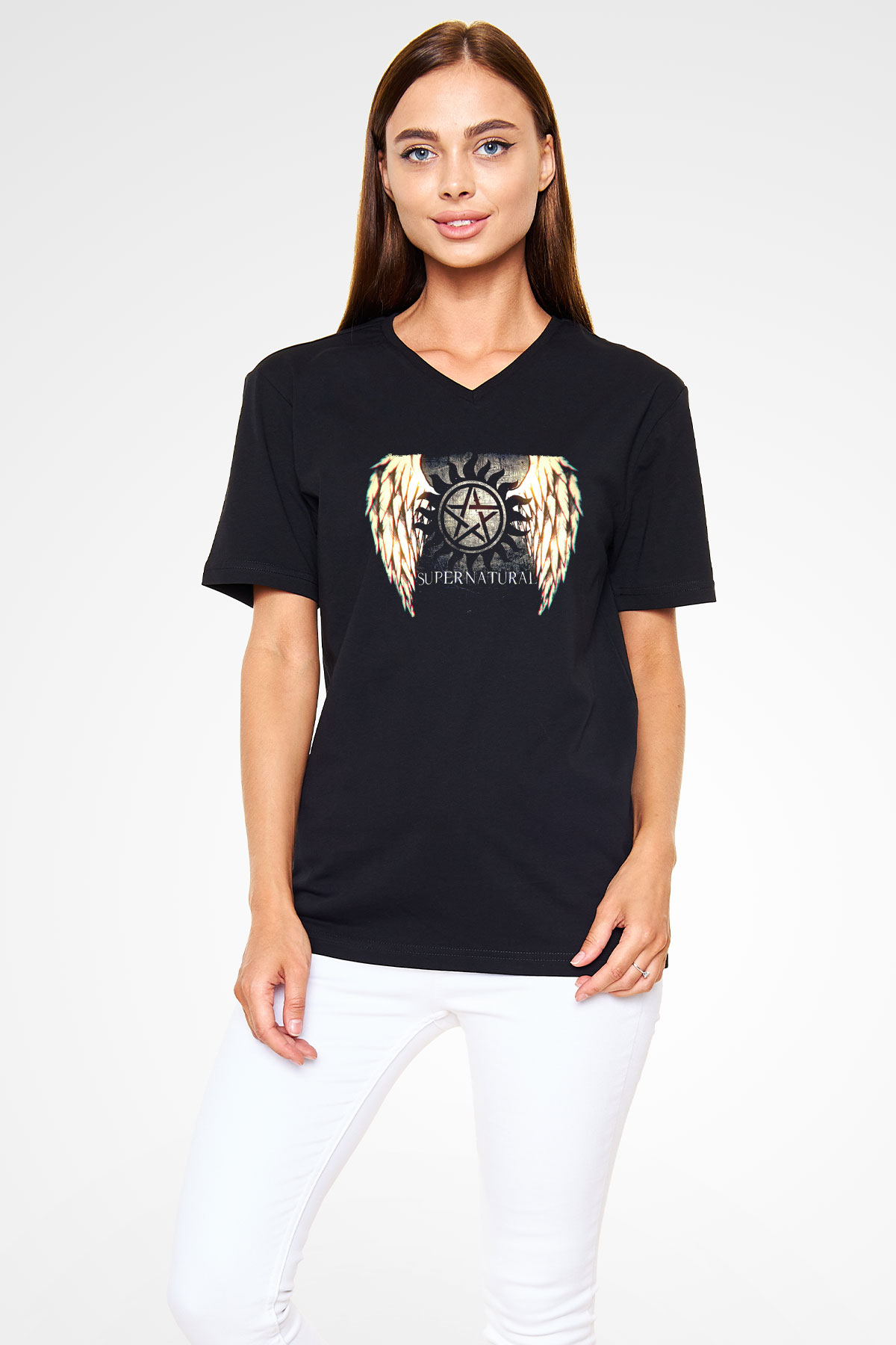 Supernatural Baskılı Unisex Siyah V Yaka Tişört - Tshirt