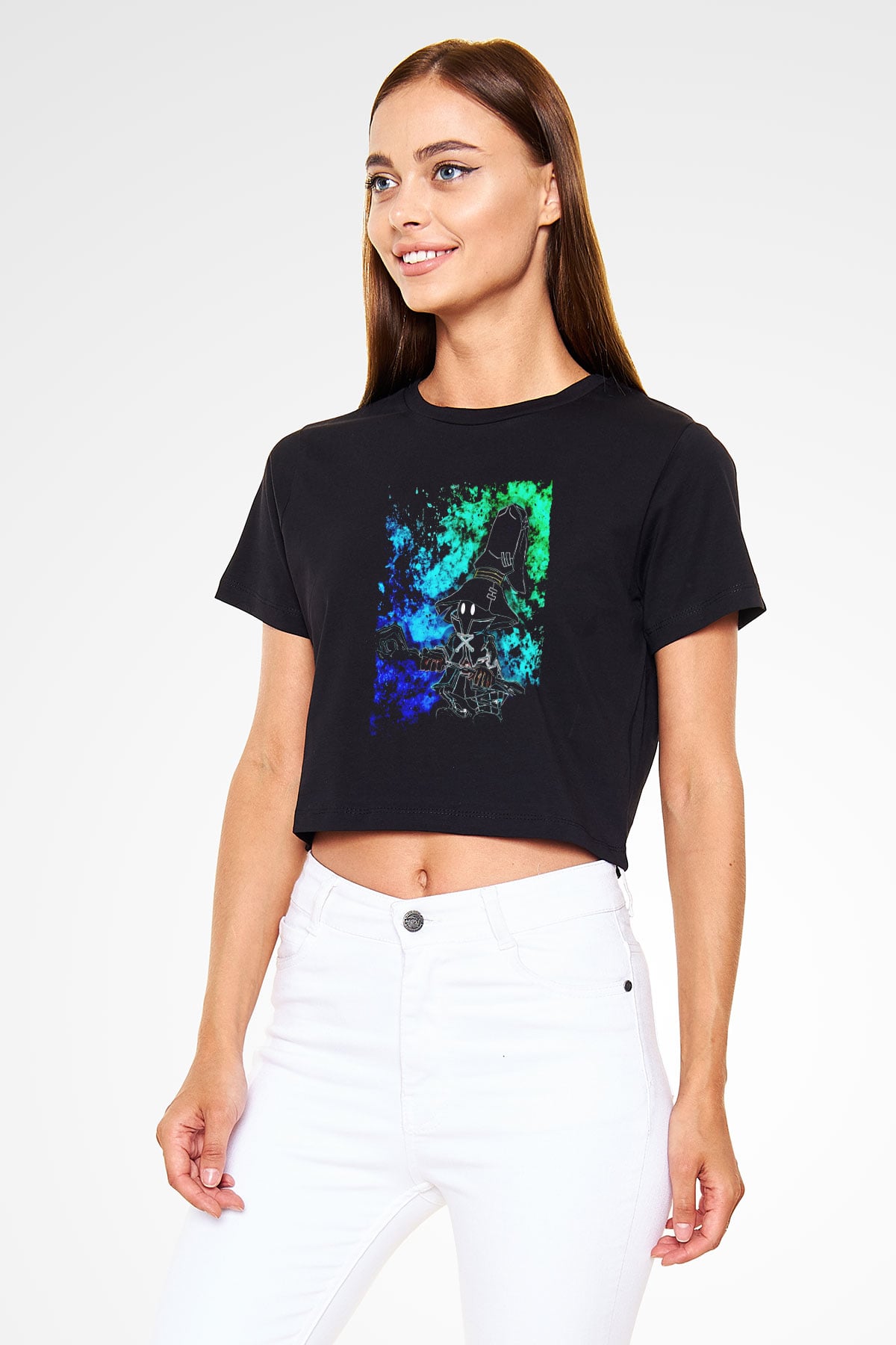 Süpürgeli Cadı Baskılı  Siyah  Crop Top Tişört