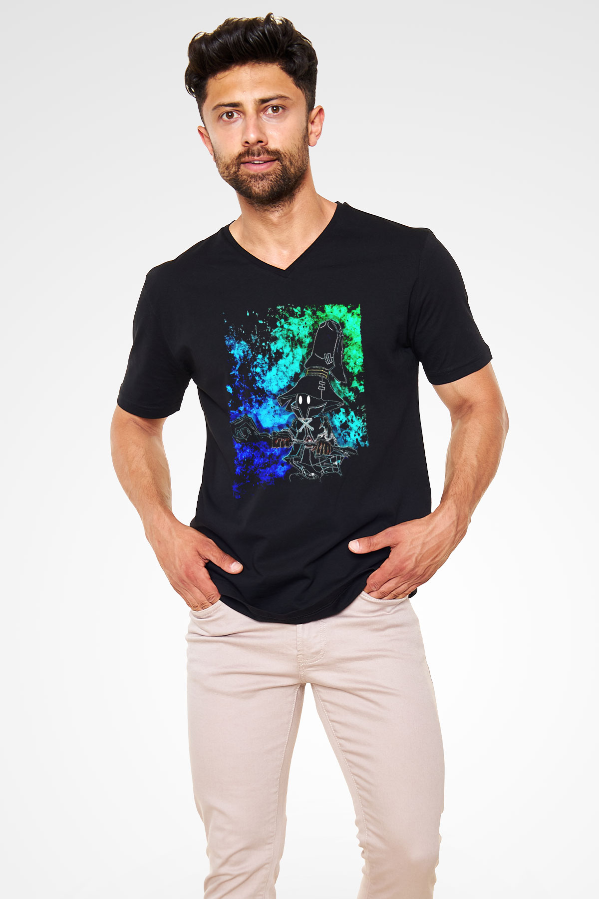 Süpürgeli Cadı Baskılı Unisex Siyah  V Yaka Tişört