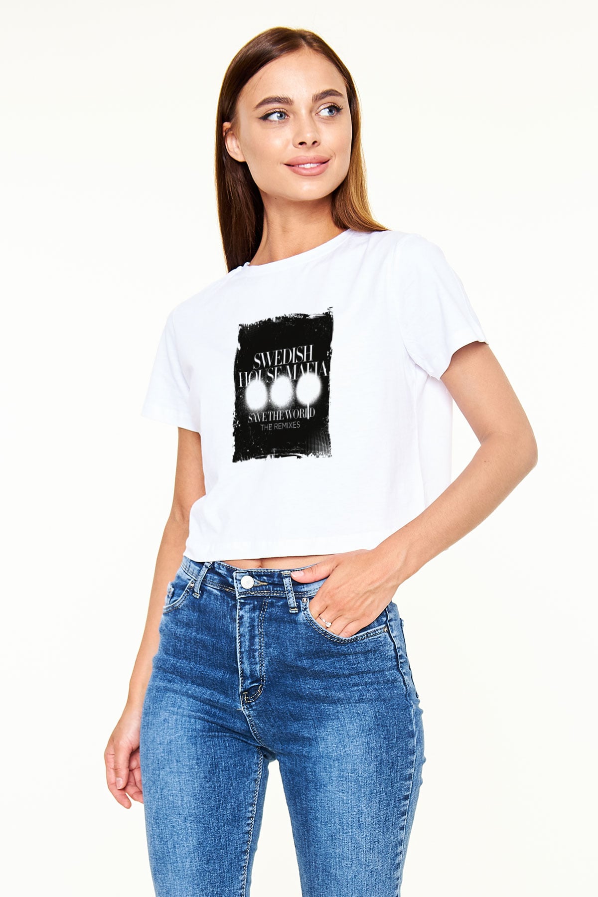 Swedish House Mafia Baskılı Beyaz Kadın Crop Top Tişört
