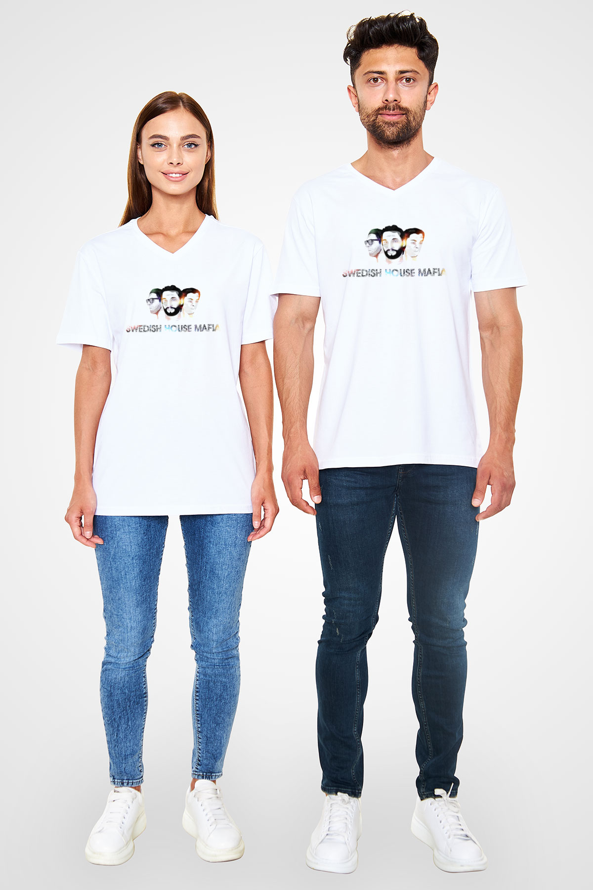 Swedish House Mafia Beyaz Unisex V Yaka Tişört