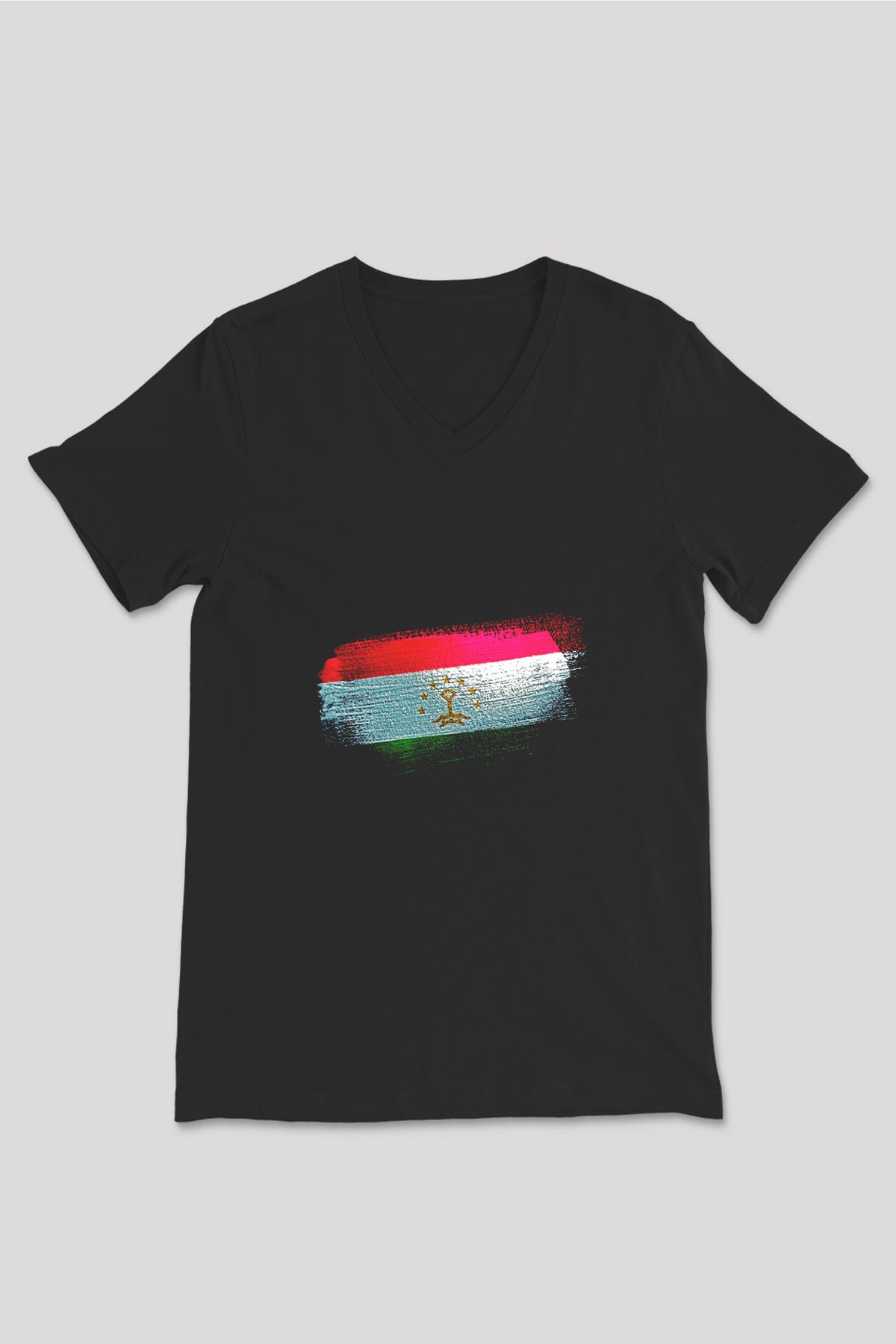 Tacikistan - Tajikistan Bayrağı Baskılı Unisex Siyah V Yaka Tişört