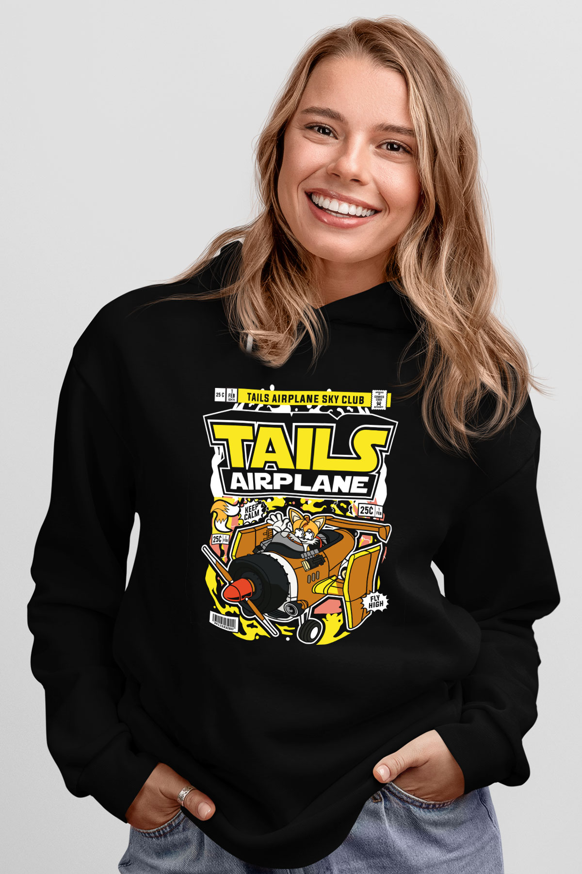Tails Airplane Baskılı Unisex Siyah Hoodie