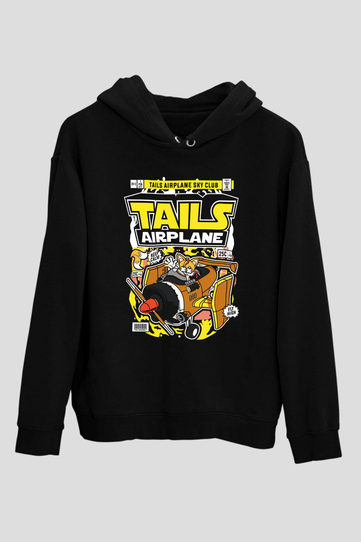 Tails Airplane Baskılı Unisex Siyah Hoodie