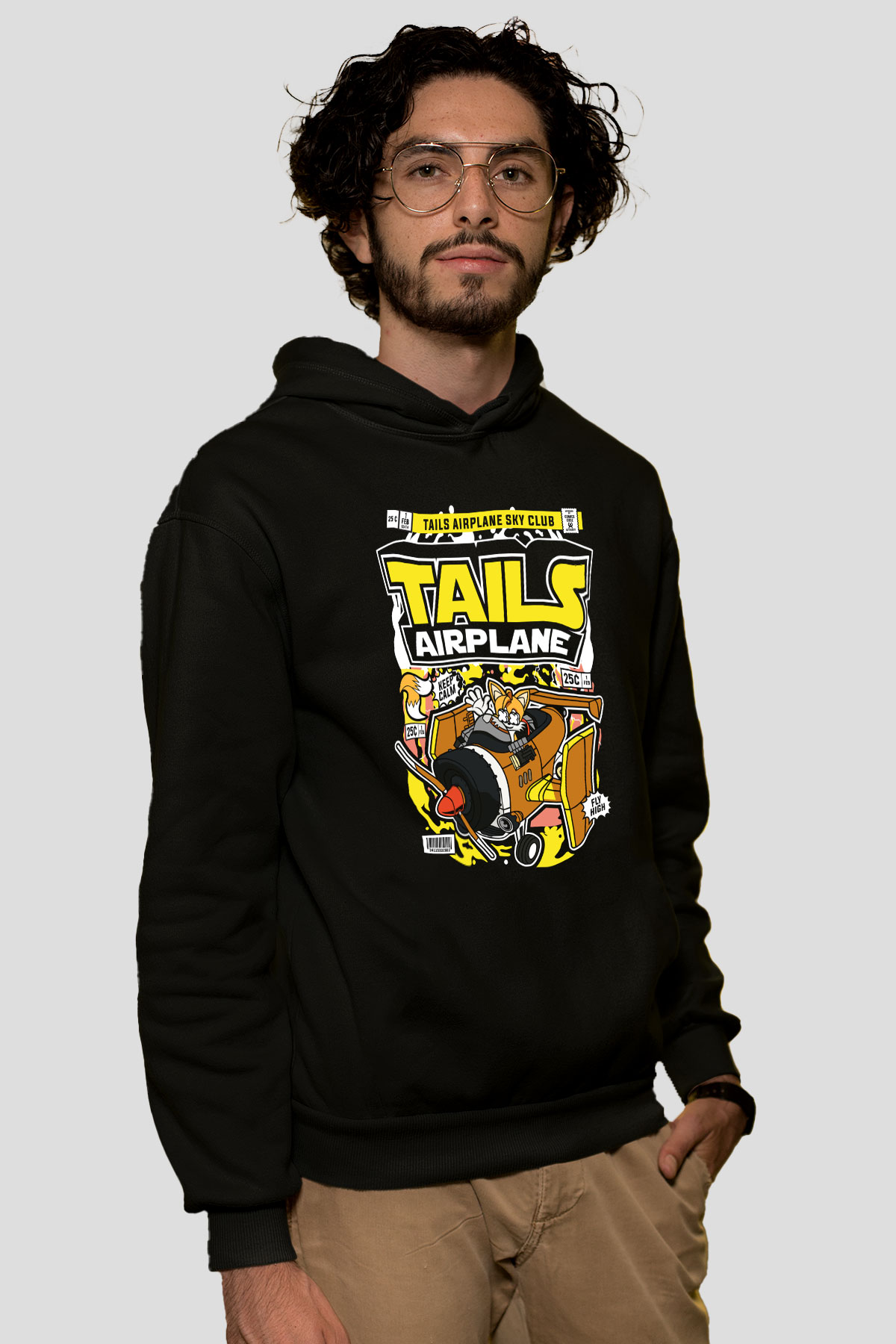 Tails Airplane Baskılı Unisex Siyah Hoodie