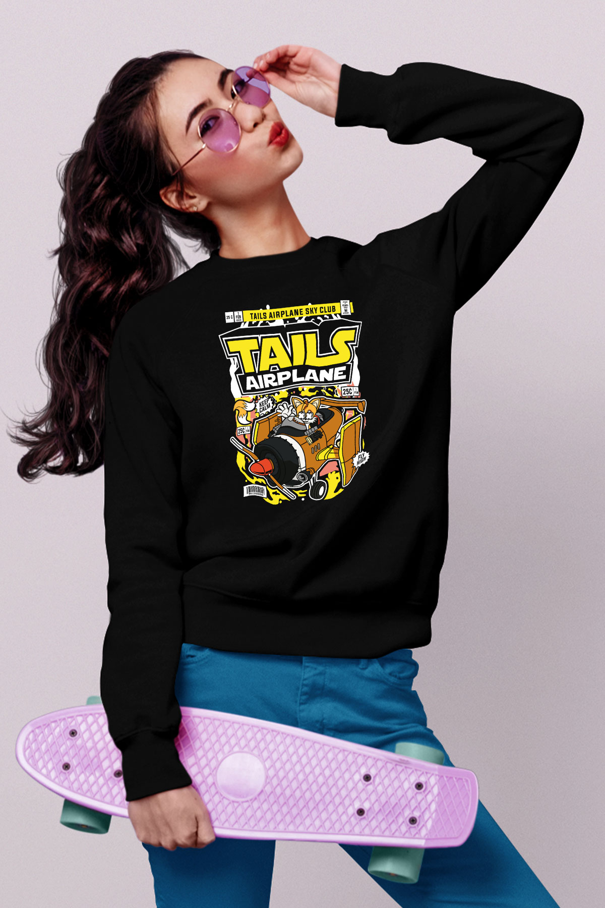 Tails Airplane Baskılı Unisex Siyah Sweatshirt