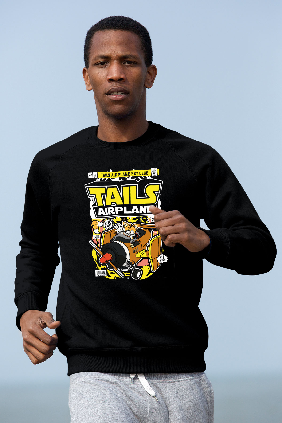Tails Airplane Baskılı Unisex Siyah Sweatshirt