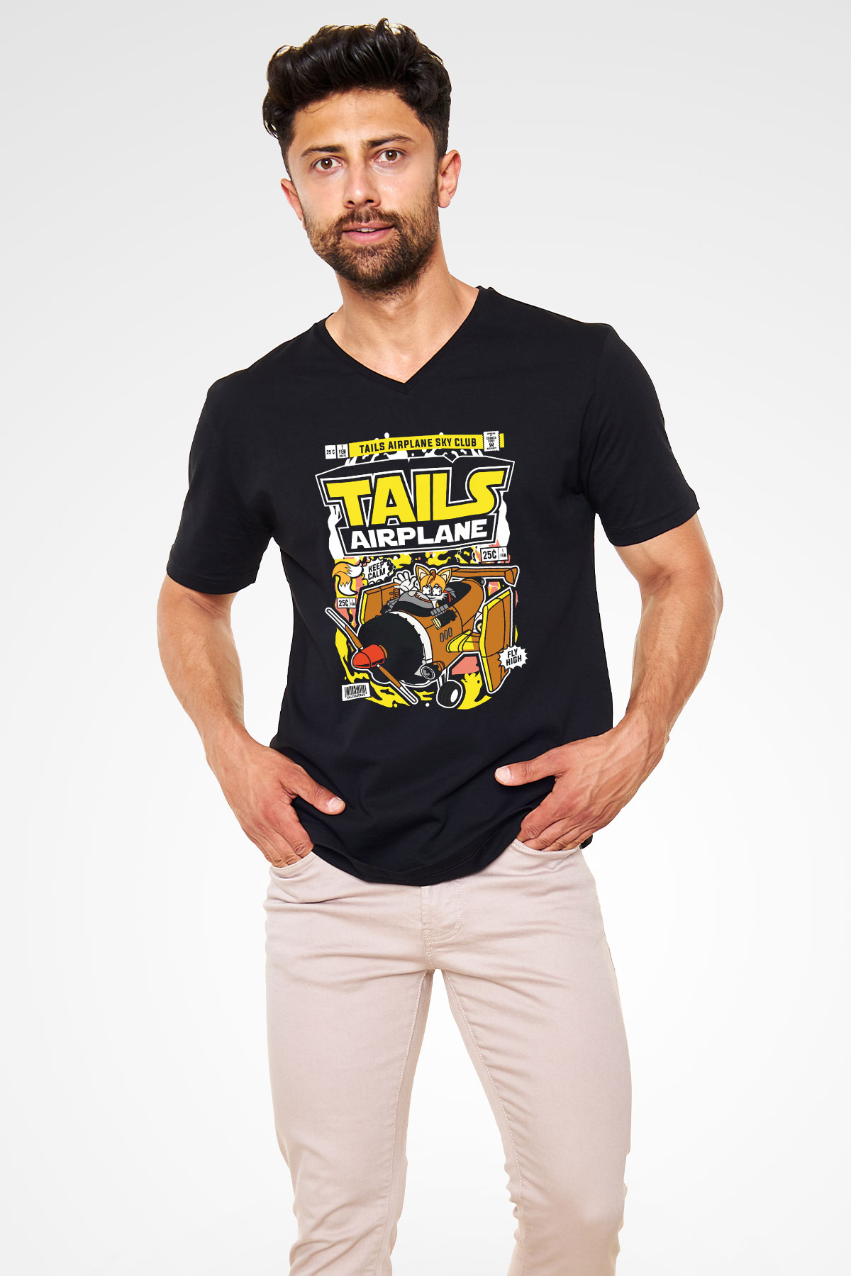 Tails Airplane Baskılı Unisex Siyah V Yaka Tişört