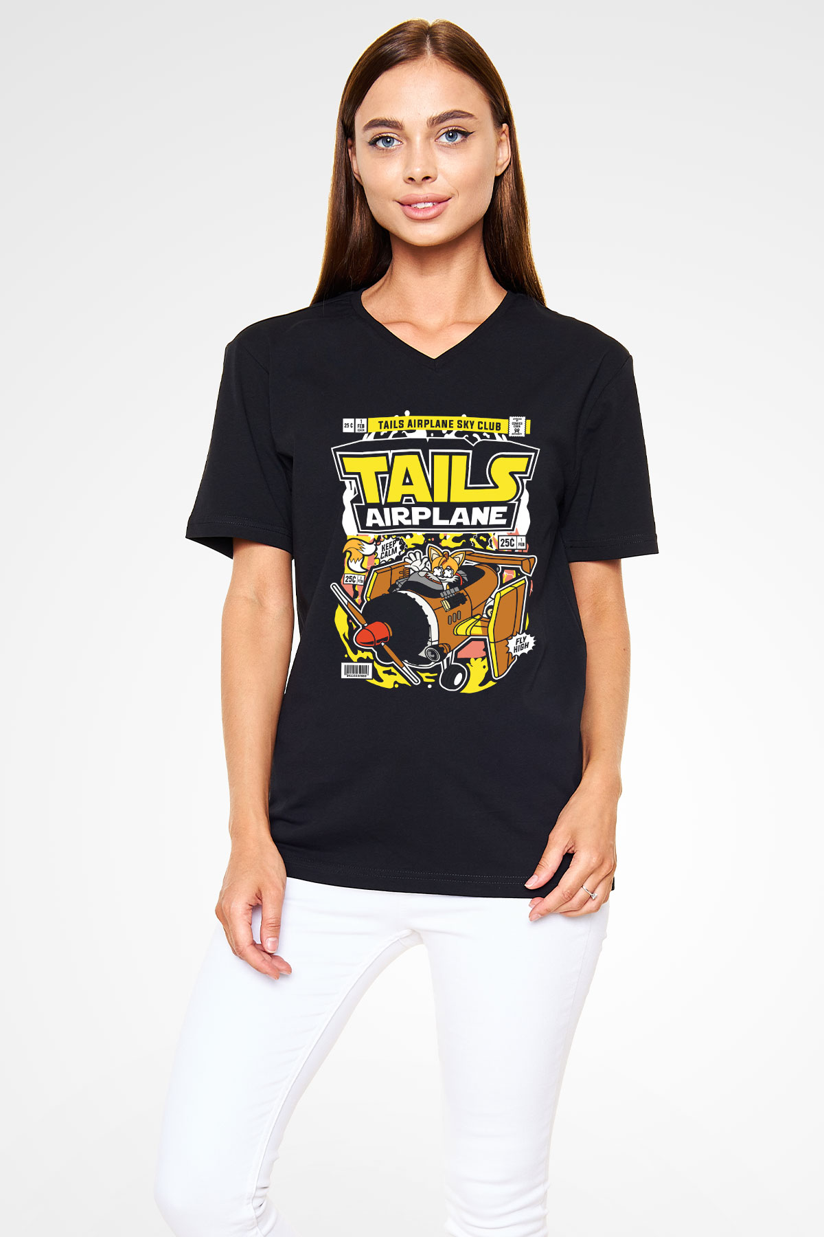Tails Airplane Baskılı Unisex Siyah V Yaka Tişört