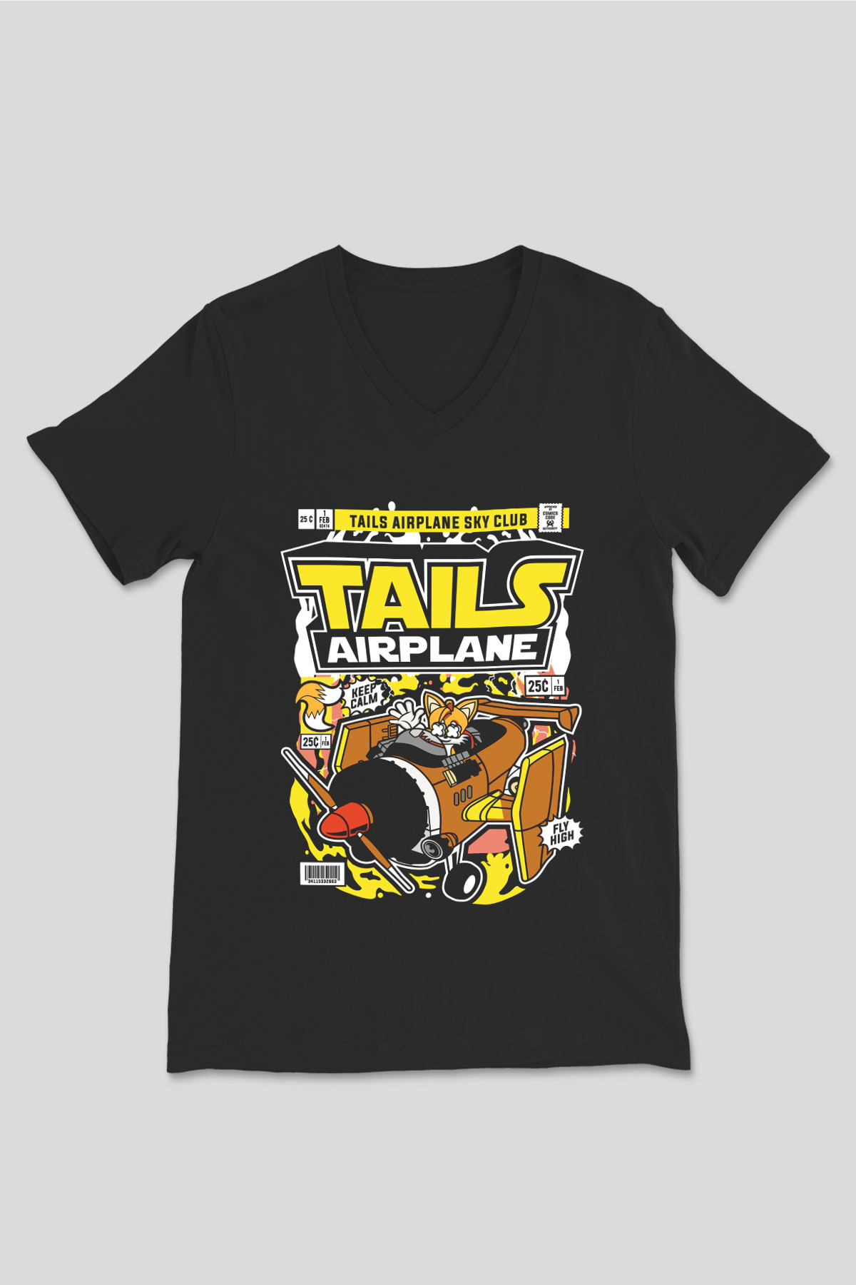 Tails Airplane Baskılı Unisex Siyah V Yaka Tişört