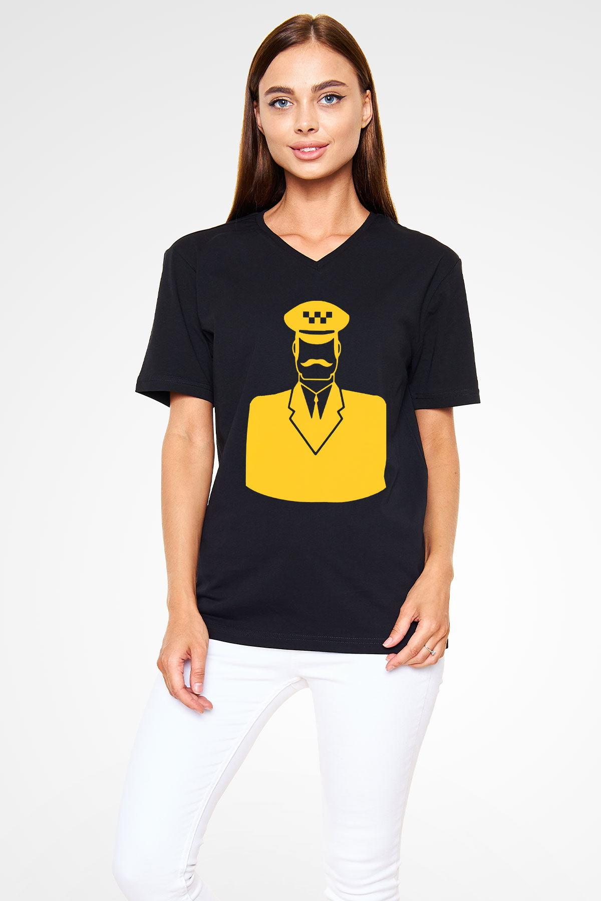 Taksici Siyah Unisex V Yaka Tişört T-Shirt