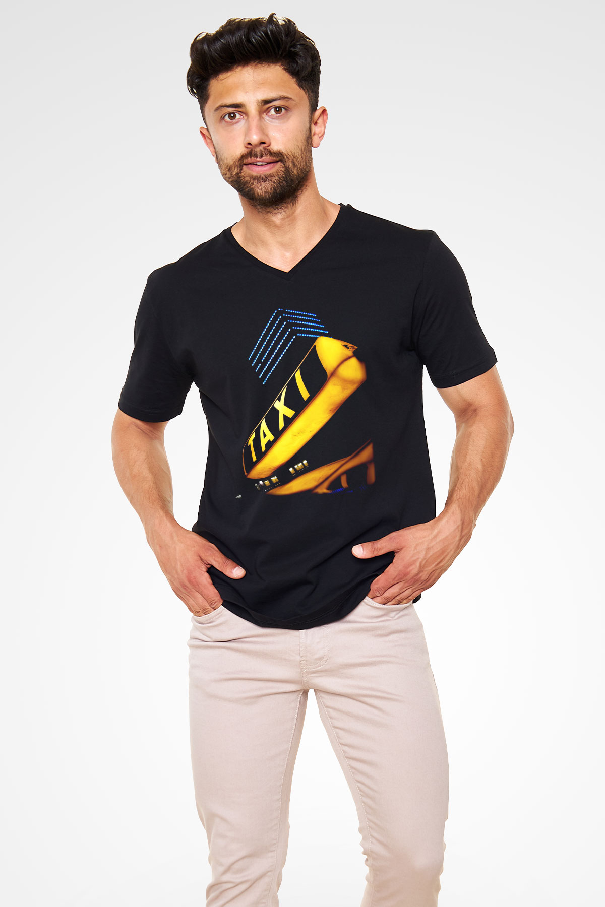 Taksici Siyah Unisex V Yaka Tişört T-Shirt