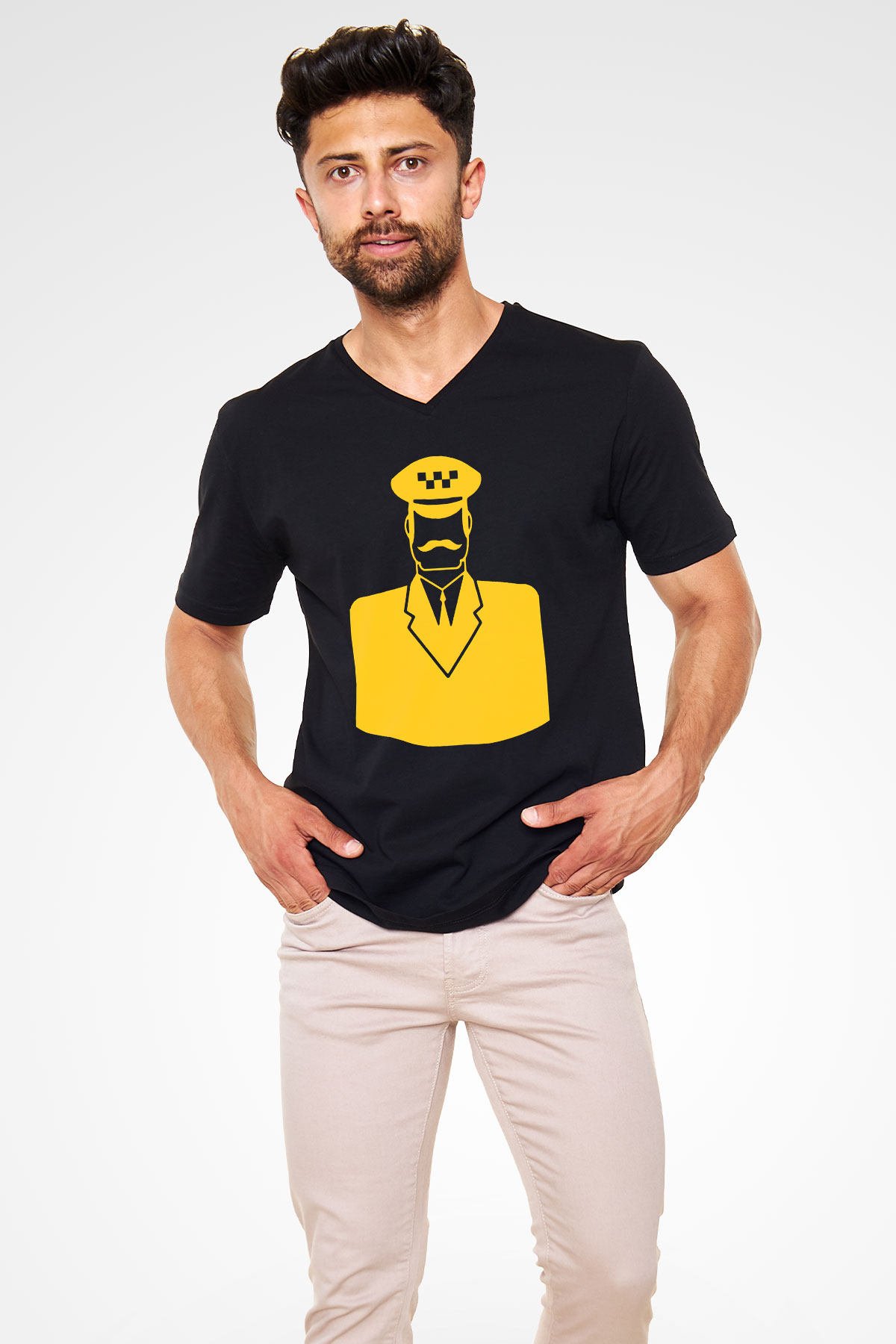 Taksici Siyah Unisex V Yaka Tişört T-Shirt