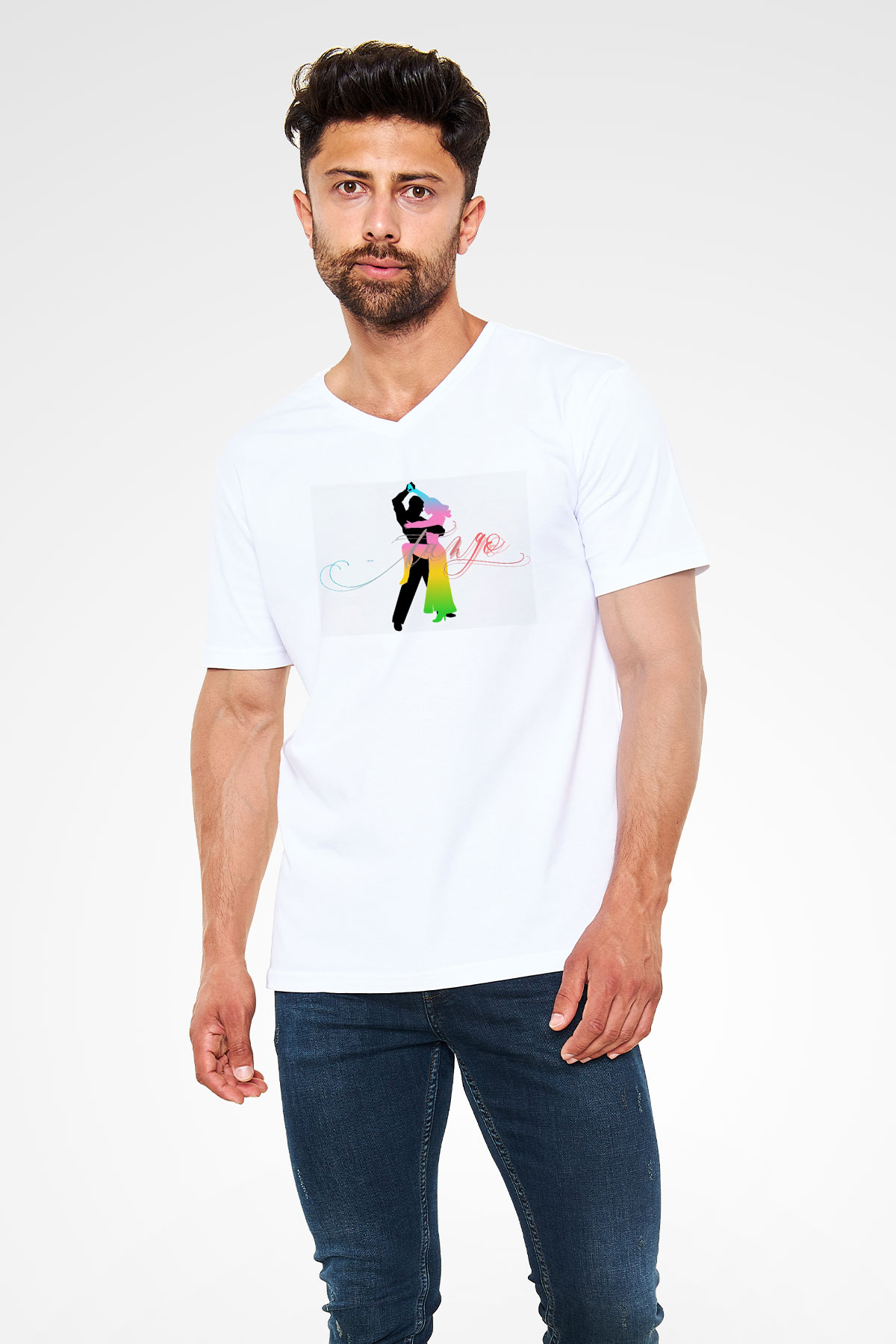 Tango Beyaz Unisex V Yaka Tişört